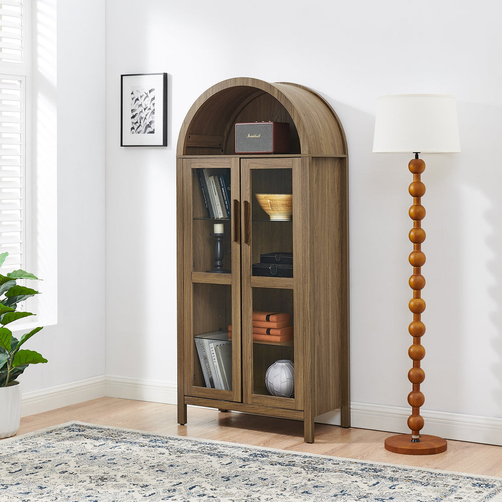 A high arched storage cabinet with a lamp, a modern retro-style wooden storage cabinet with adjustable glass partitions, suitable for use as a multi-functional cabinet in kitchens-Black