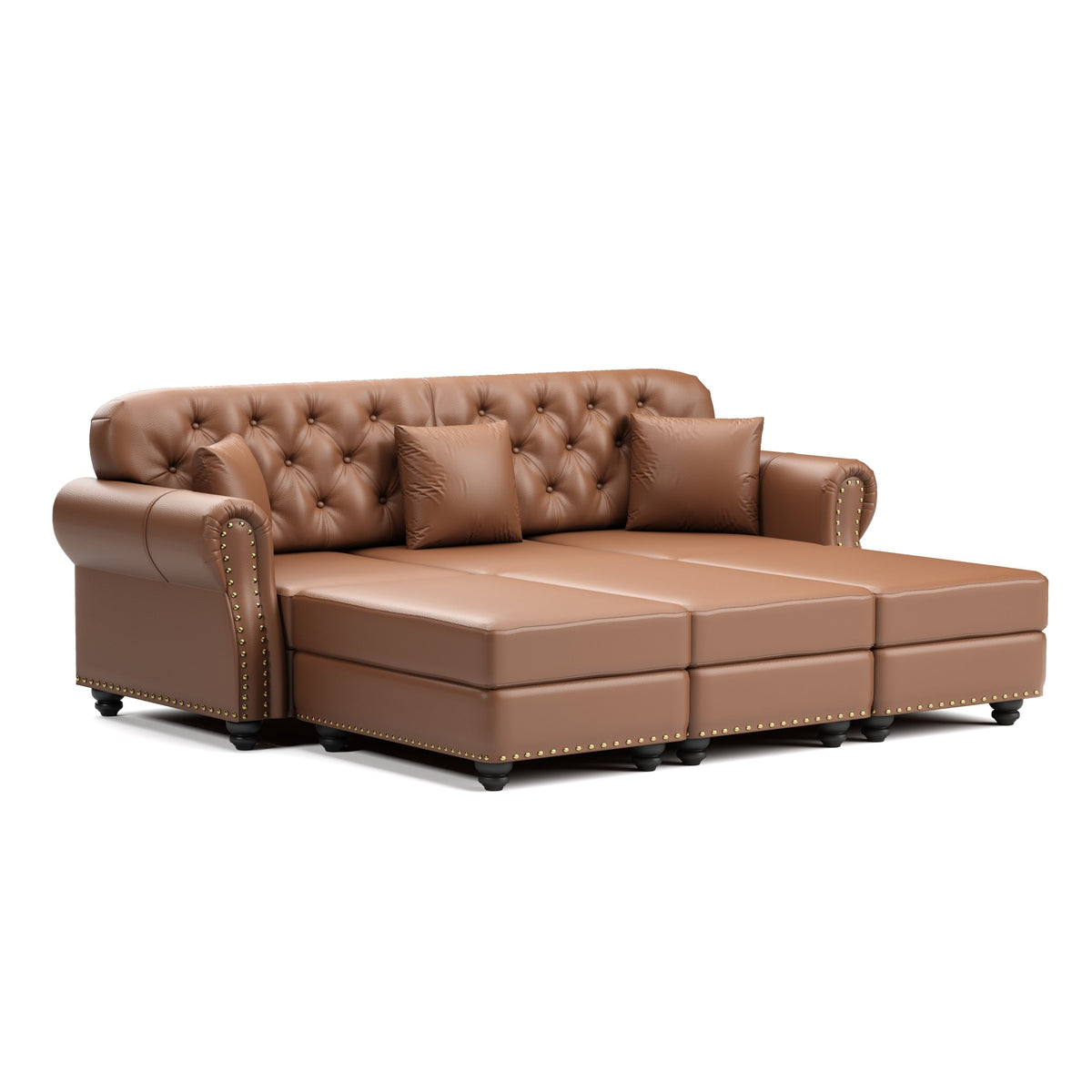 82.6'Upholstered Faux Leather Sofa with Nailhead Trim and Rolled Armrests,Mid-Century Modern Chesterfield Sofa with Button Tufted,Includes 3 Pillows,Black