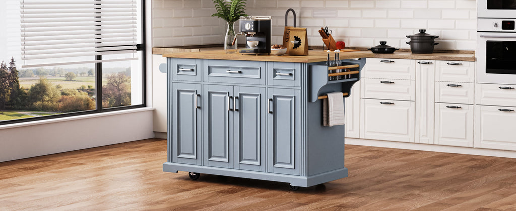 K&K 54inch Large Kitchen Island with Rubber Wood Drop Leaf, Embossed Texture Rolling Kitchen Cart on 4 Wheels with 4 Doors and 3 Drawers, Kitchen Island with Storage for Kitchen, Dining Room,Black
