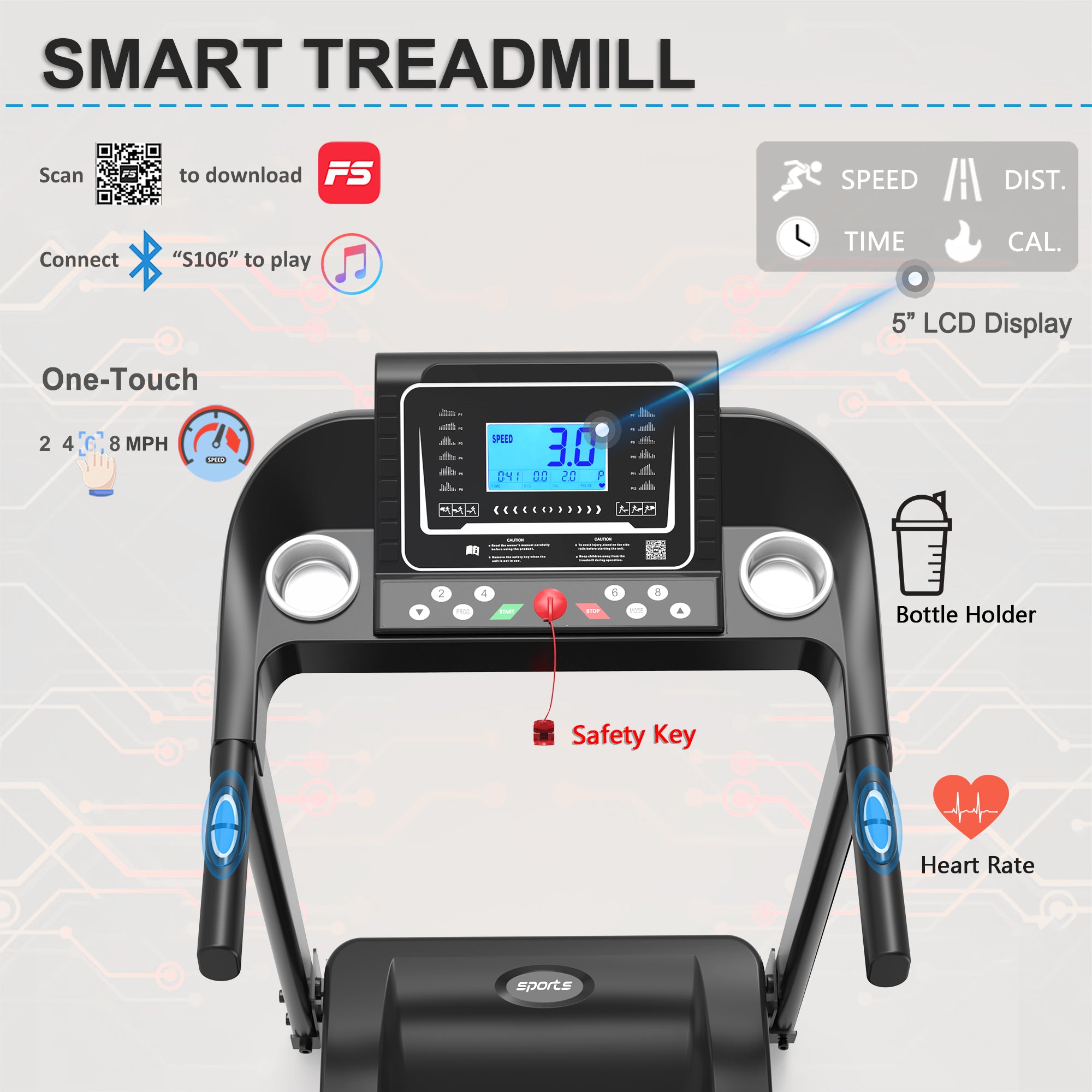 Black treadmill 4-level manual incline adjustment detail