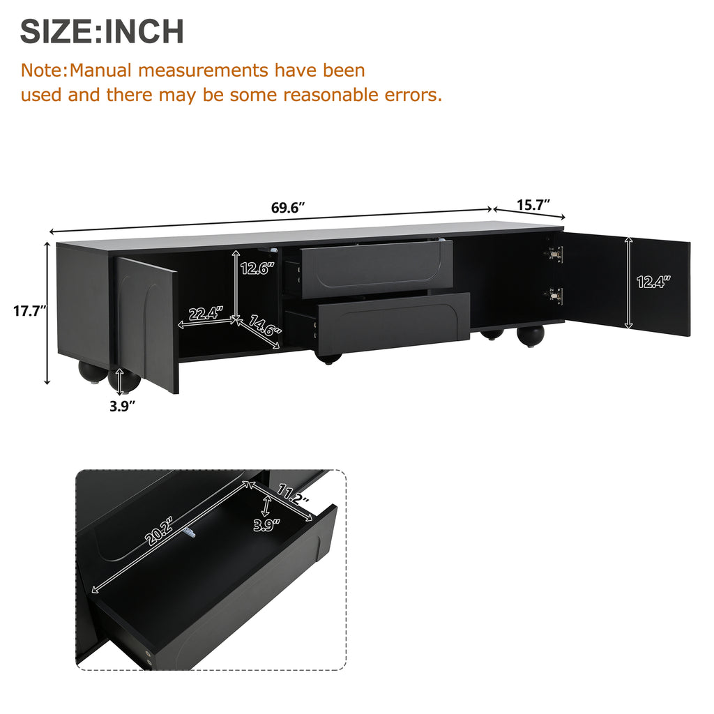 Handle-free arched panel design on black TV cabinet