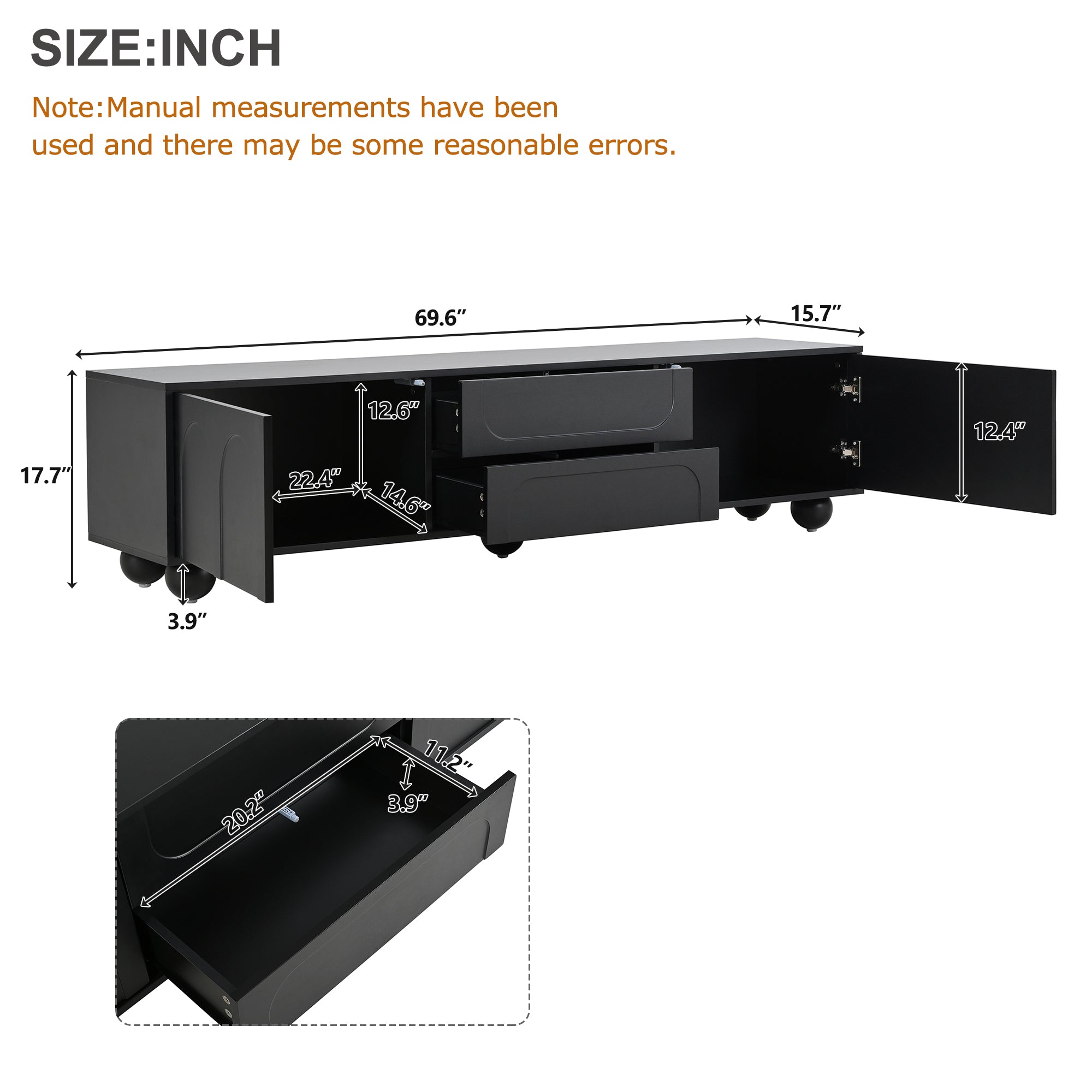 Handle-free arched panel design on black TV cabinet