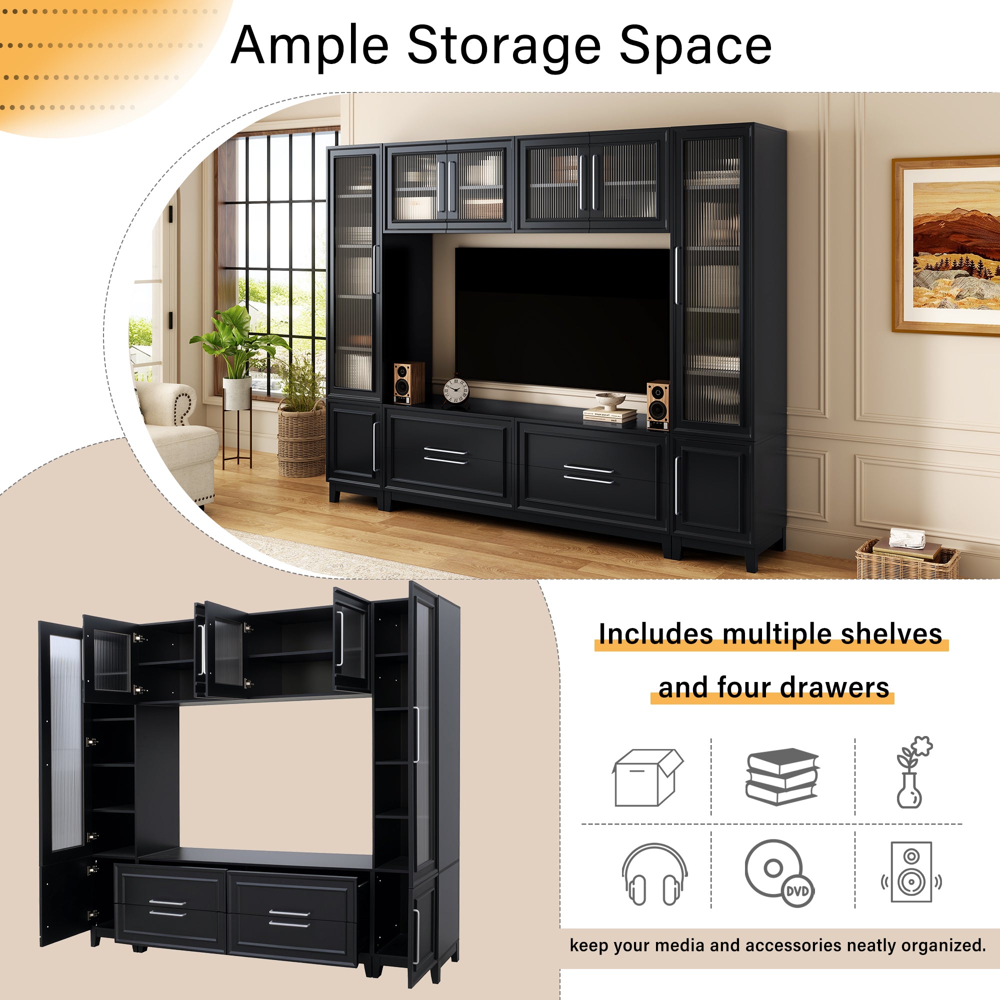 Black media console four drawer lower storage section