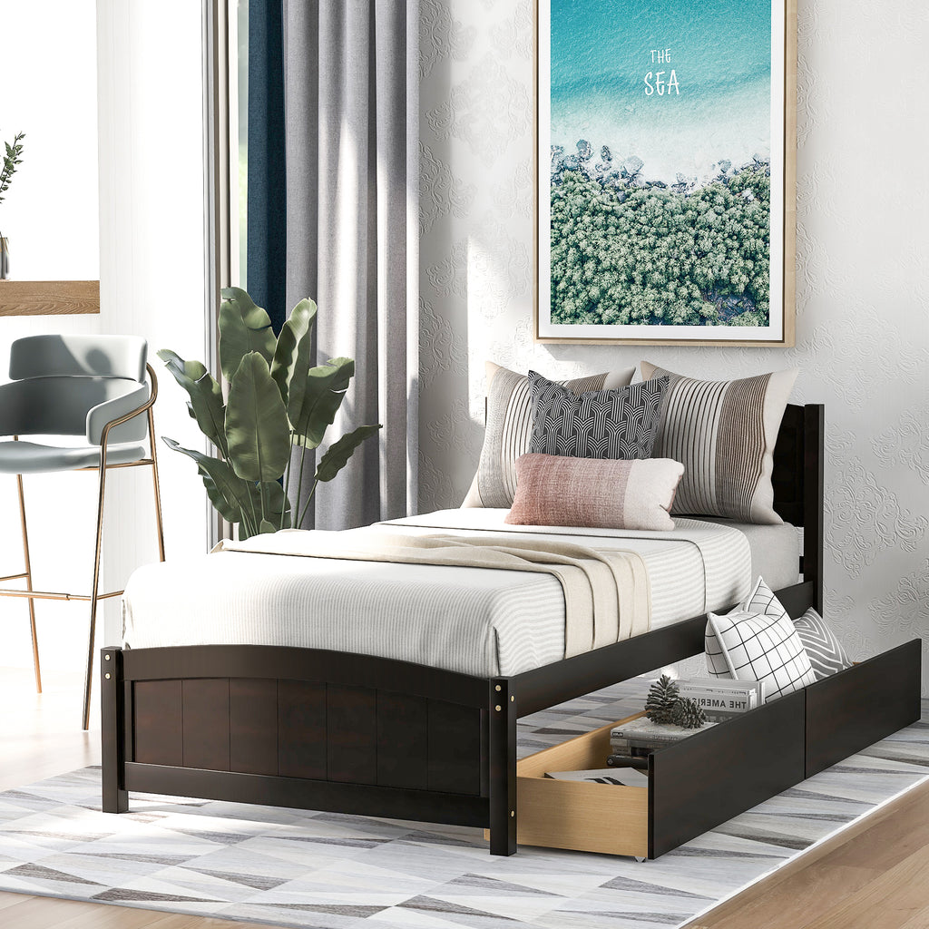 Espresso twin platform storage bed with two drawers — front view