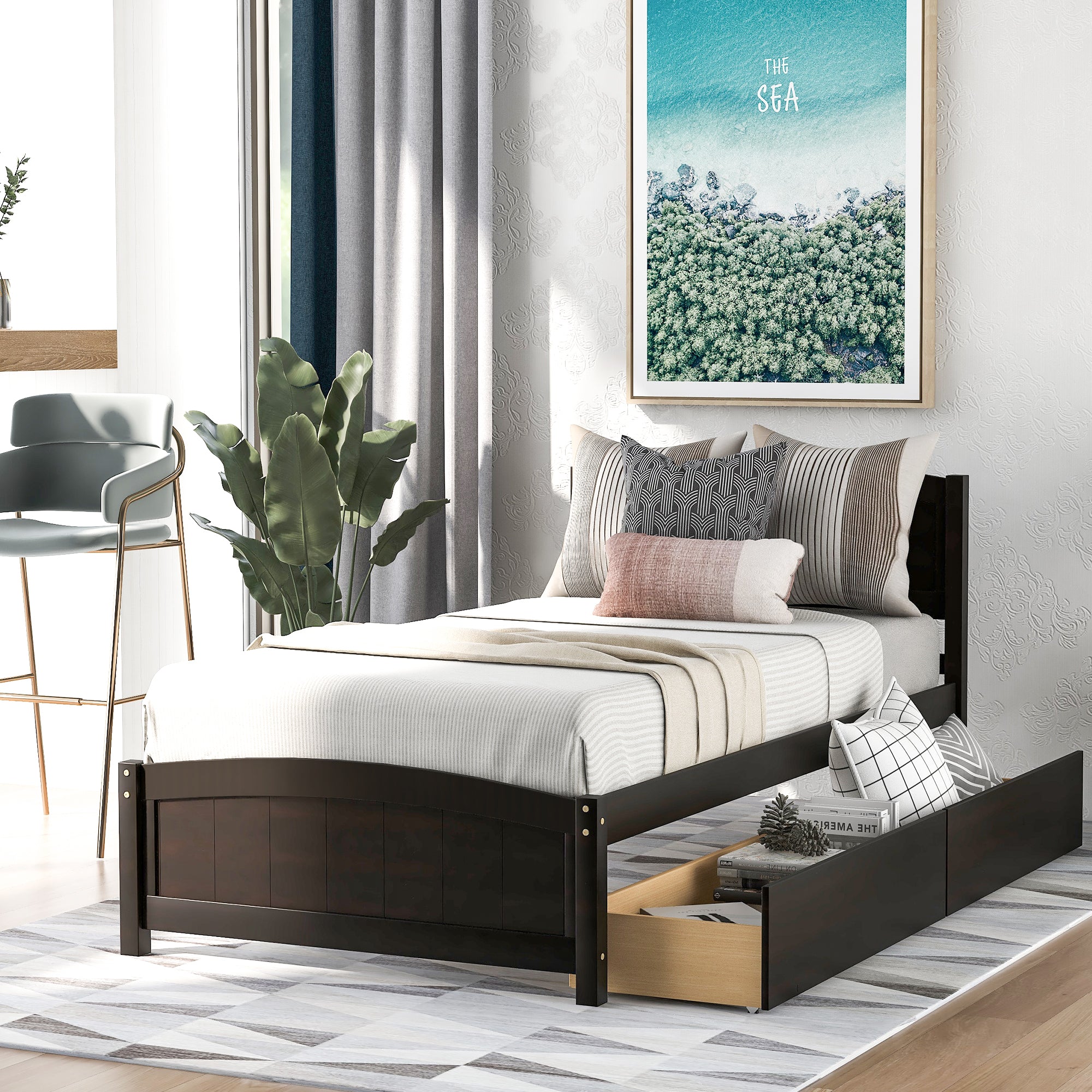Espresso twin platform storage bed with two drawers — front view