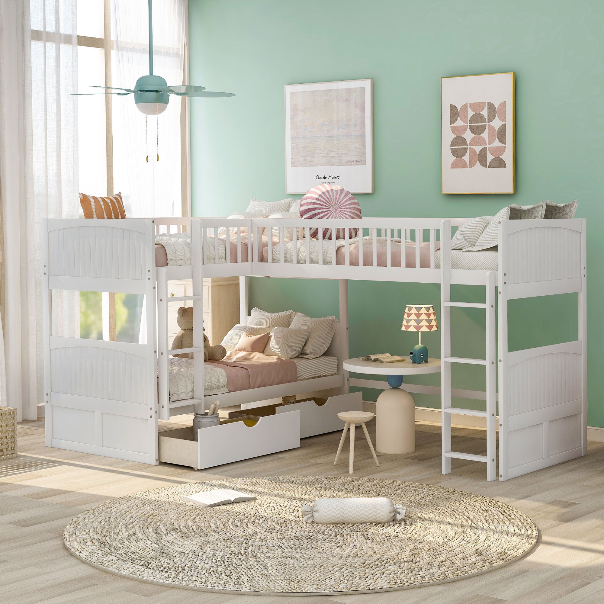 White twin triple bunk bed with loft and two drawers — front view