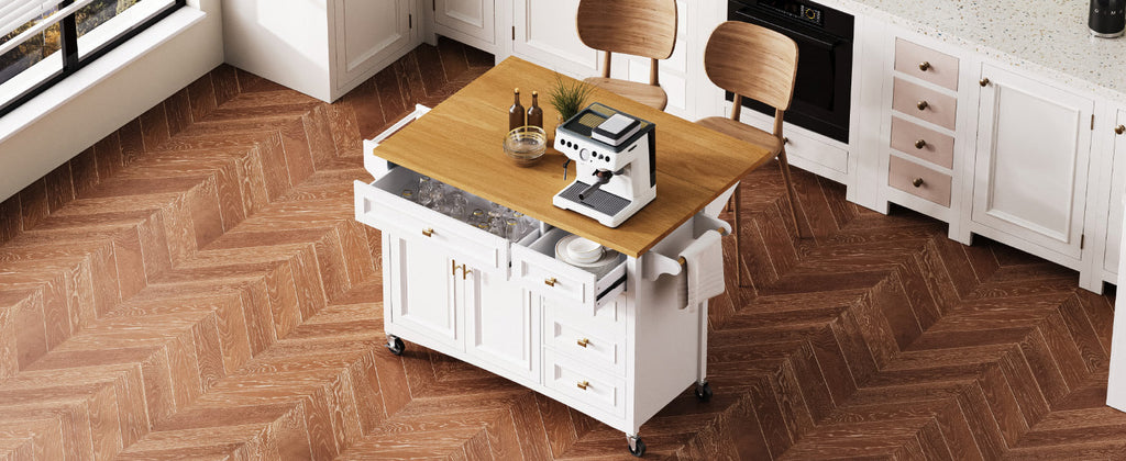 K&K 52'' Kitchen Island with Drop Leaf, Embossed Texture Kitchen Island on Wheels with Spice Rack, Towel Rack, 2 Doors and 5 Drawers, Kitchen Storage Cart with Adjustable Shelf for Kitchen, Blue Grey
