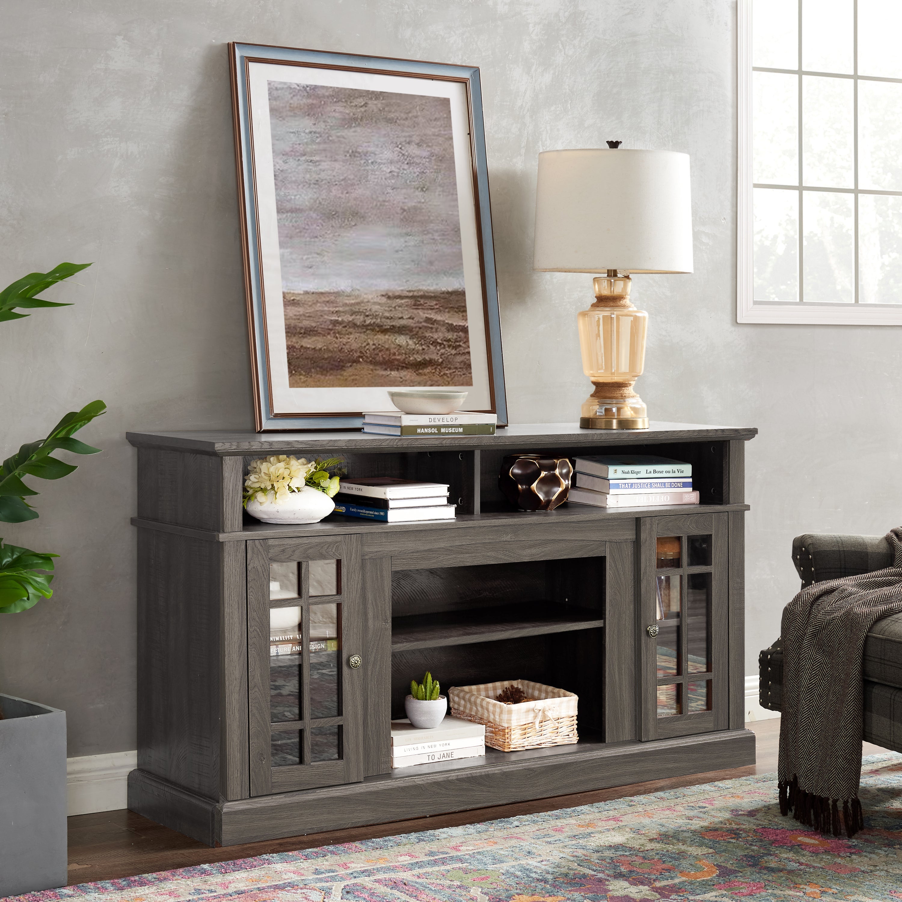 Classic TV Media Stand Modern Entertainment Console for TV Up to 65' with Open and Closed Storage Space, Espresso, 58.25'W*15.75'D*32'H
