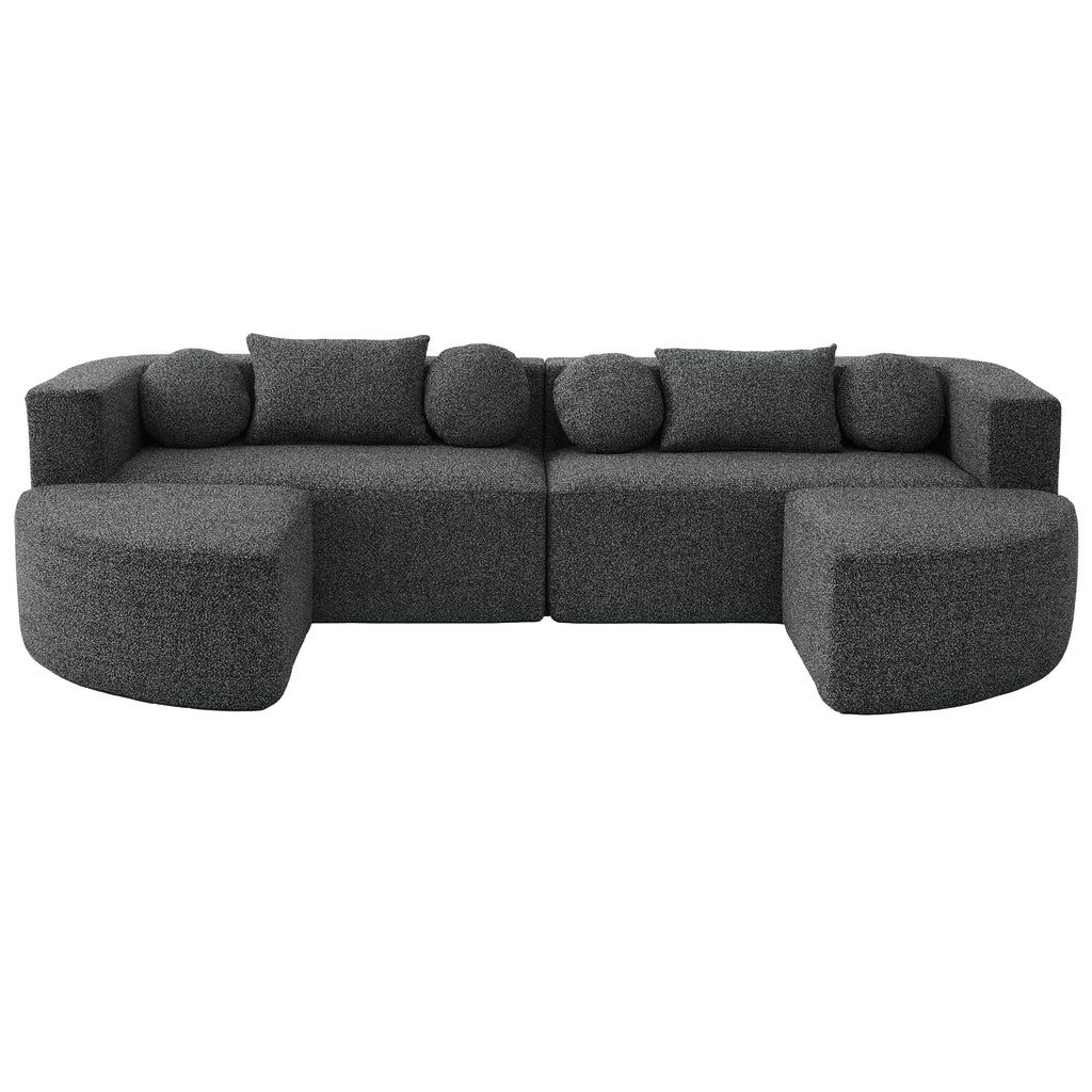 Boneless Couch Modular Sectional Sofa with Deep Seating, Curved Design, Black Boucle, 114.9'