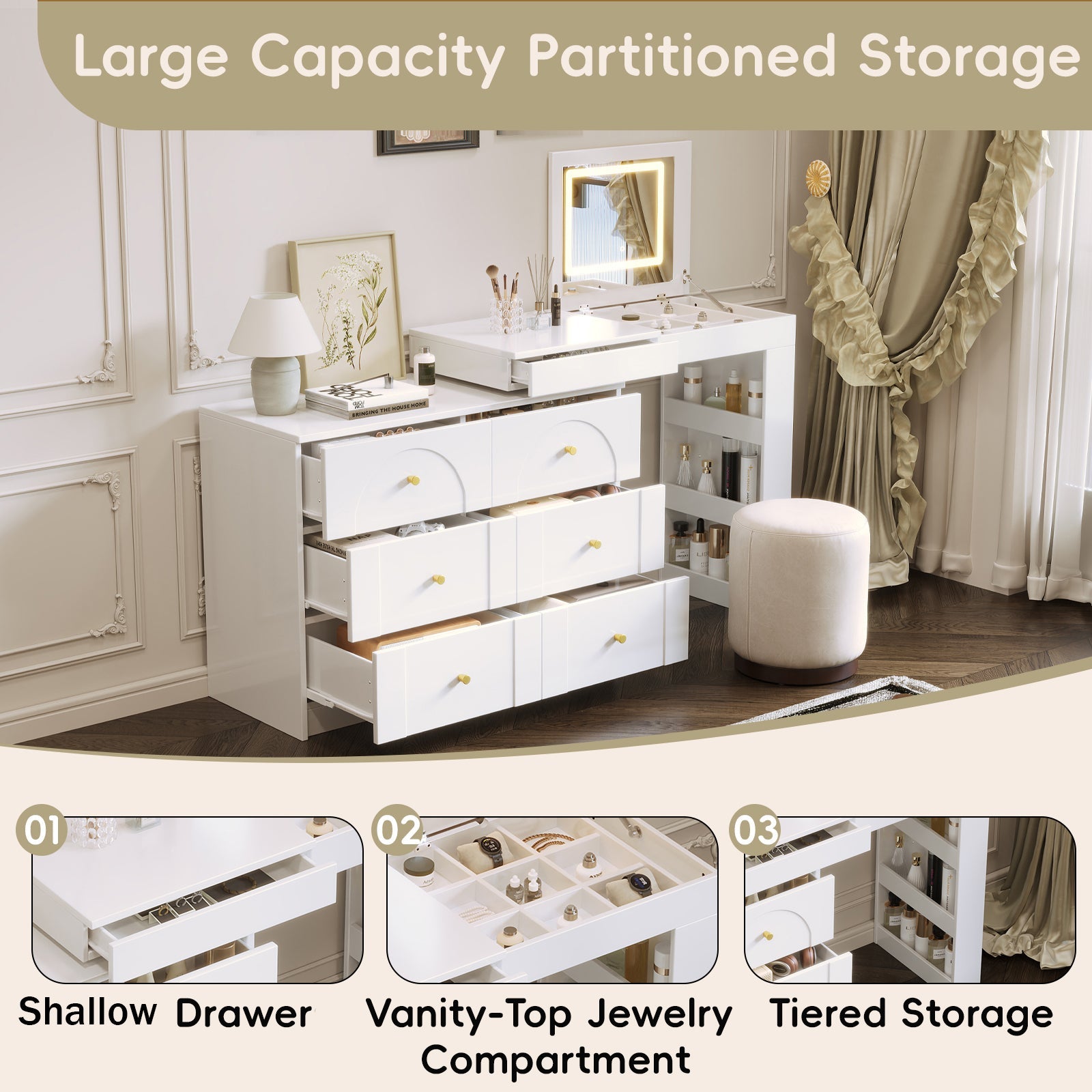 Vanity Desk with Mirror and Lights, Makeup Vanity Table with Flip-Top Tabletop and Storage 7 Drawers, 9 Compartments, 3 Shelves, 3 Color Modes Adjustable Makeup Table for Bedroom, Walnut (N733P279096)