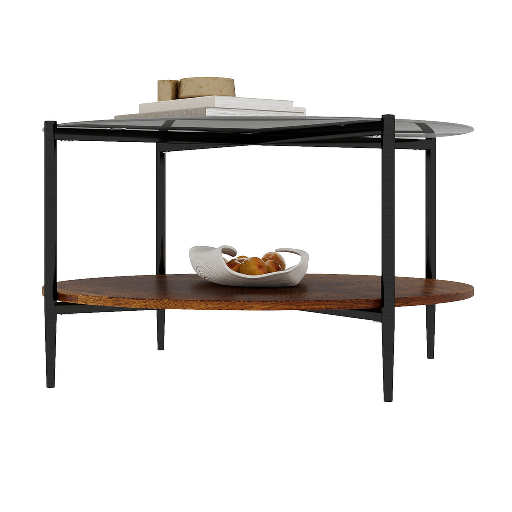 Modern black round coffee table beside sofa living room placement