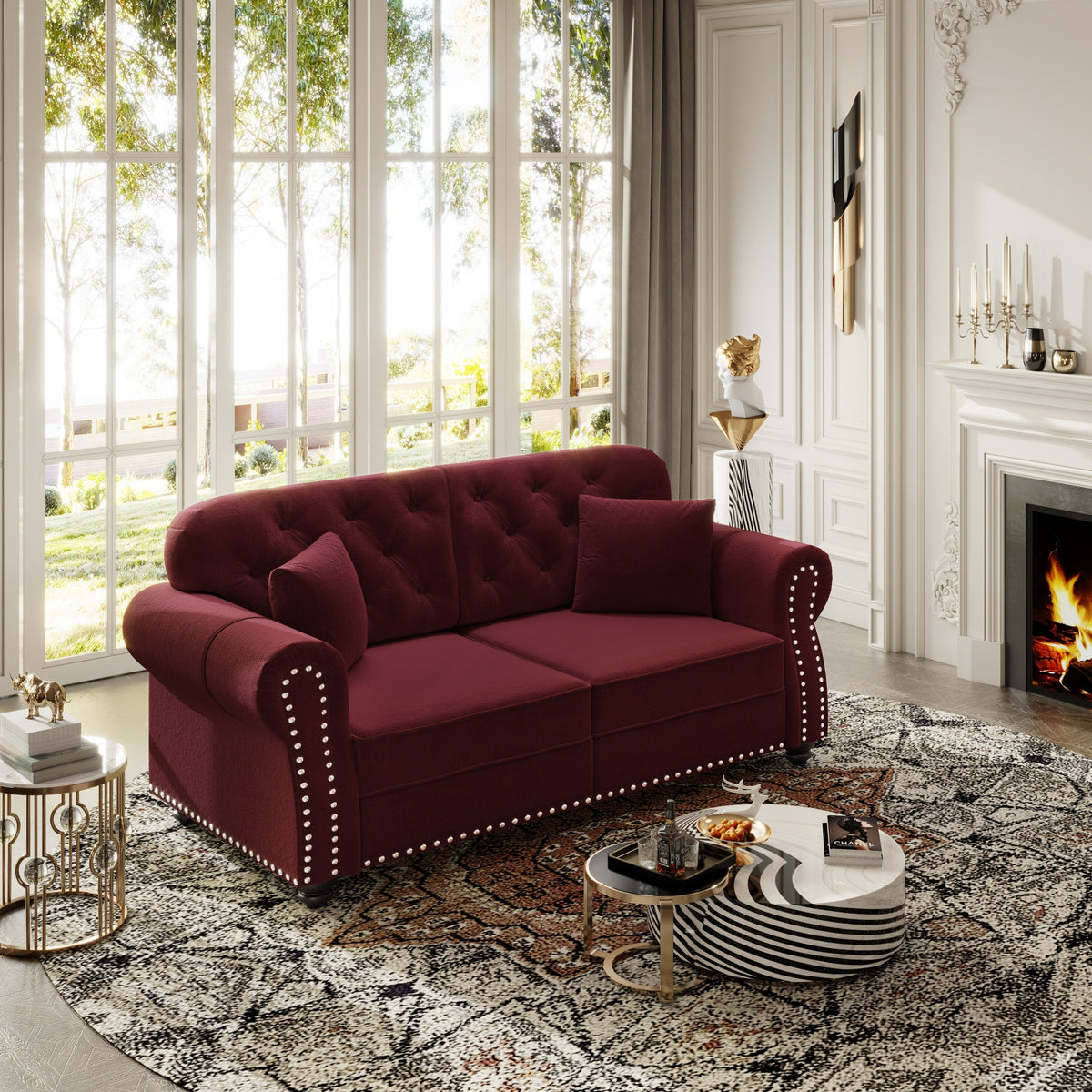 63'Upholstered Velvet Sofa with Nailhead Trim and Rolled Armrests,Mid-Century Modern Chesterfield Sofa with Button Tufted,Includes 2 Pillows,Beige/White