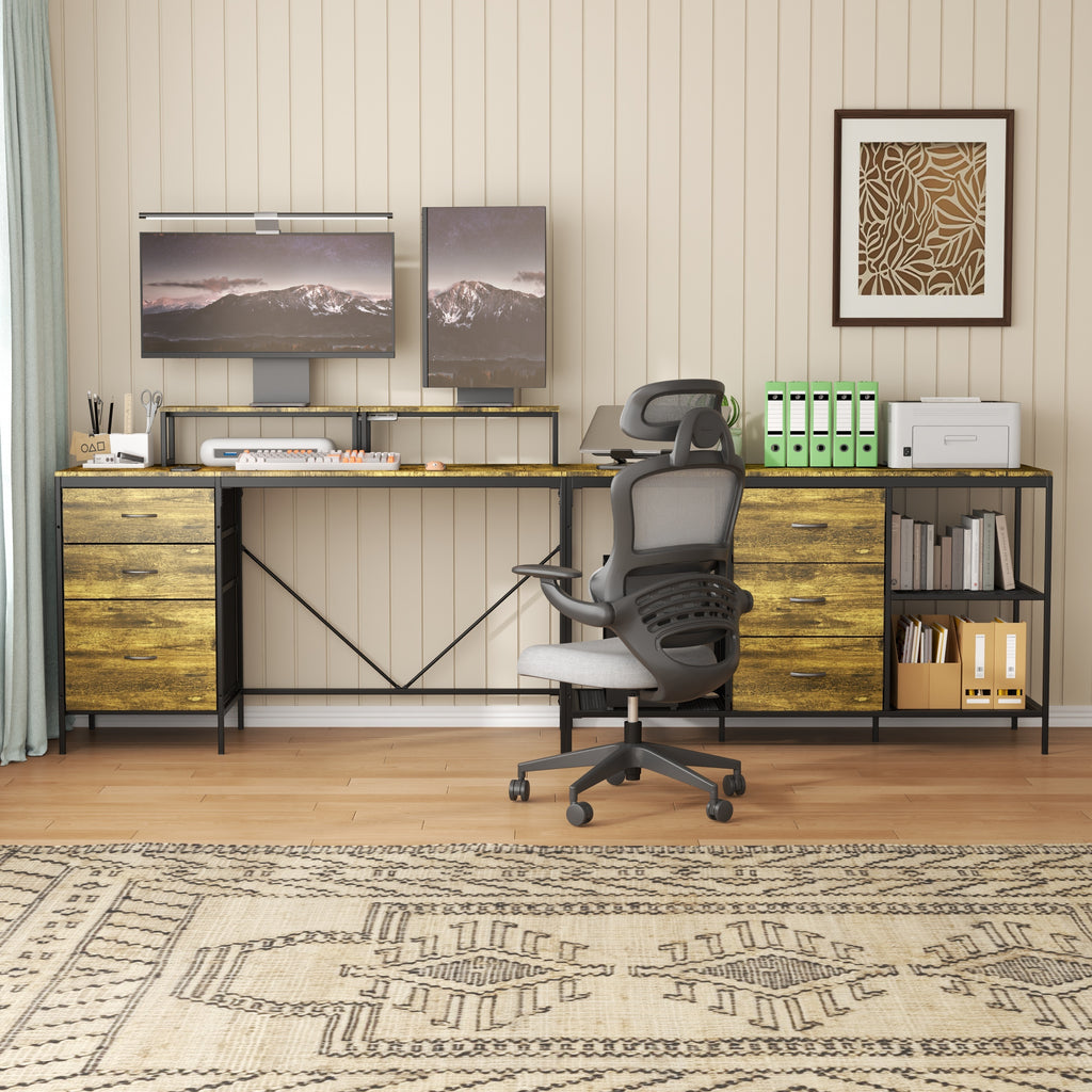 Rustic brown L-shaped desk gaming and work setup