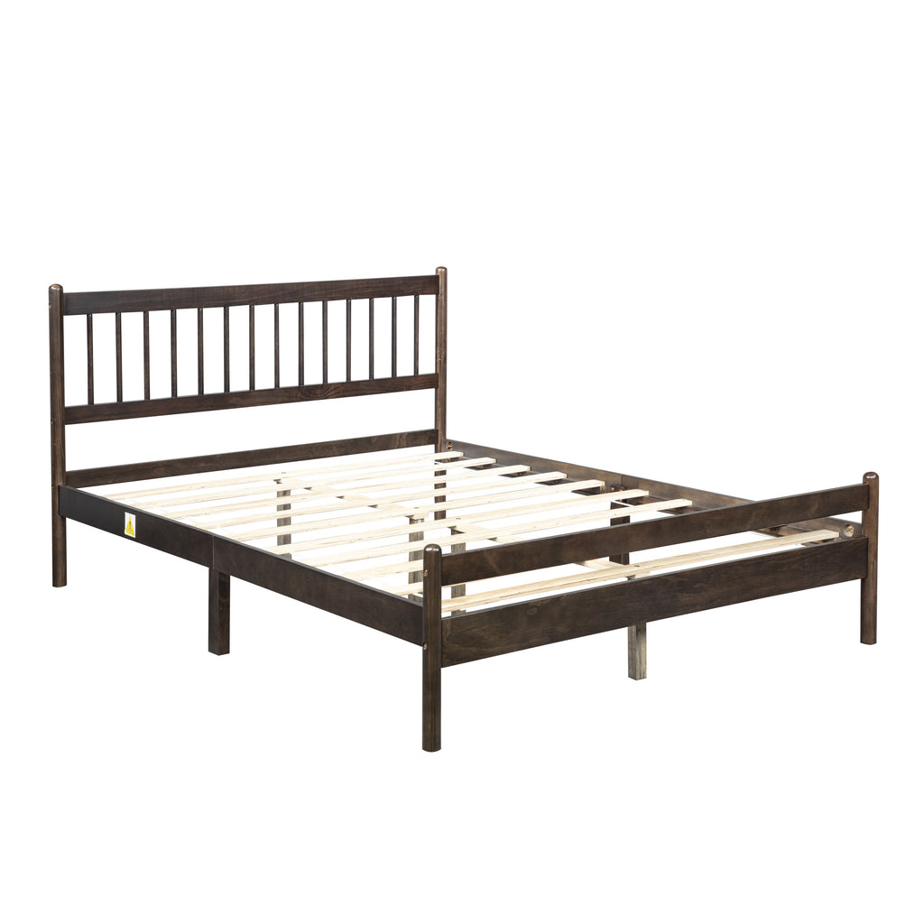 Traditional Style Queen Size Bed with Headboard and Footboard, Pinewood Bed with Strengthened Bed Frame ,Walnut