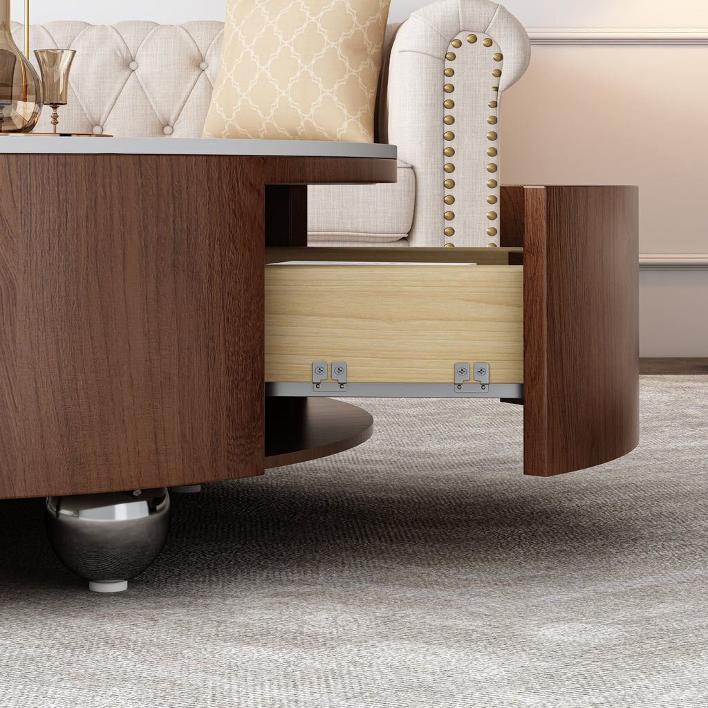 Walnut veneer round coffee table two soft-close drawers detail