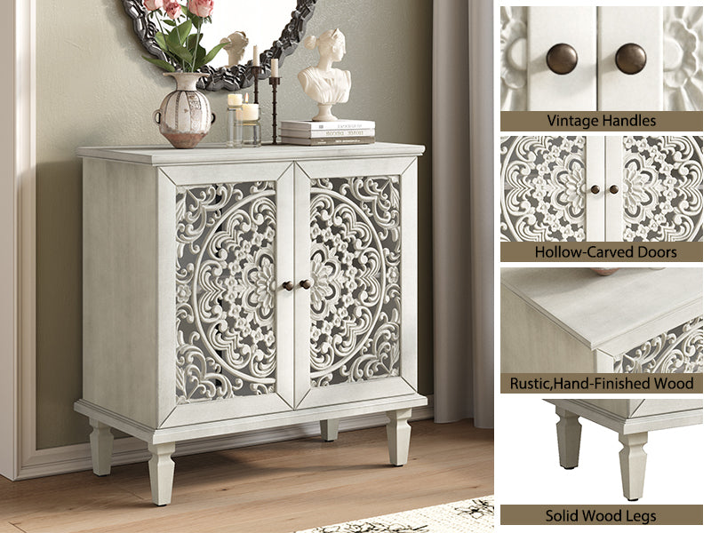 Vintage Hollow-Carved Accent Cabinet, 2-Door Display Storage Sideboard with Symmetrical Floral Design, Adjustable Shelf and Solid Wood Legs for Living Room Entryway(Antique Green)