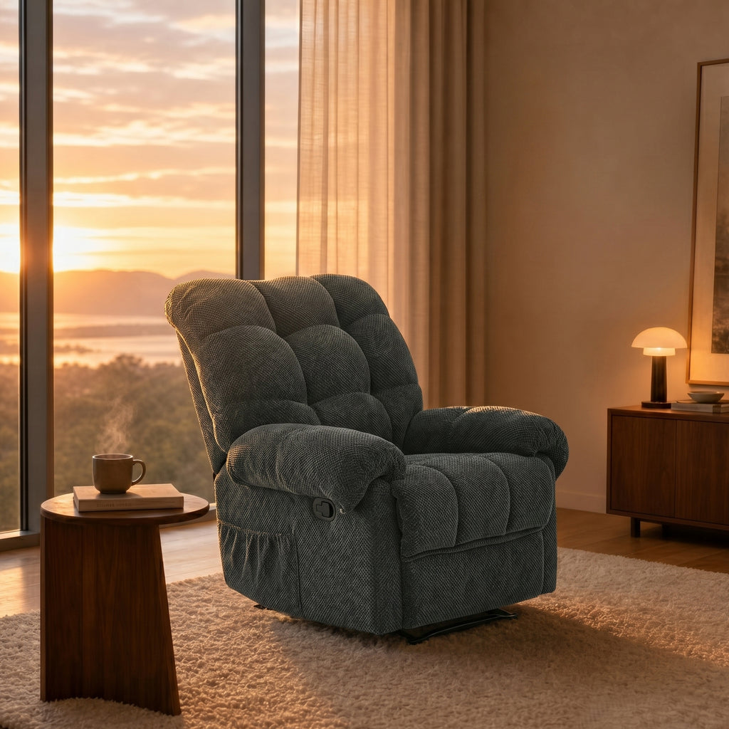 Fabric recliner lounge chair — angle view