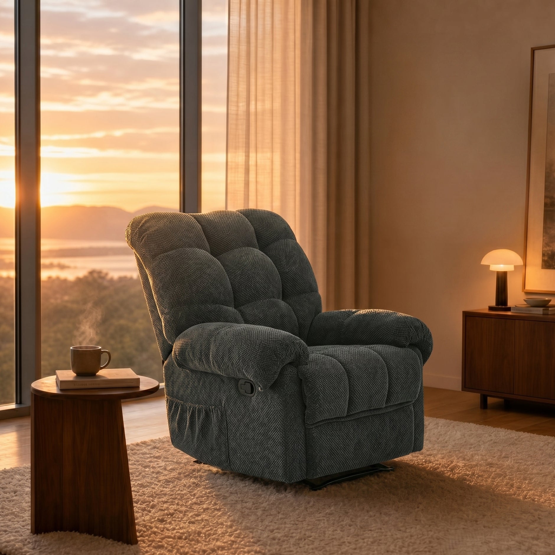 Fabric recliner lounge chair — angle view