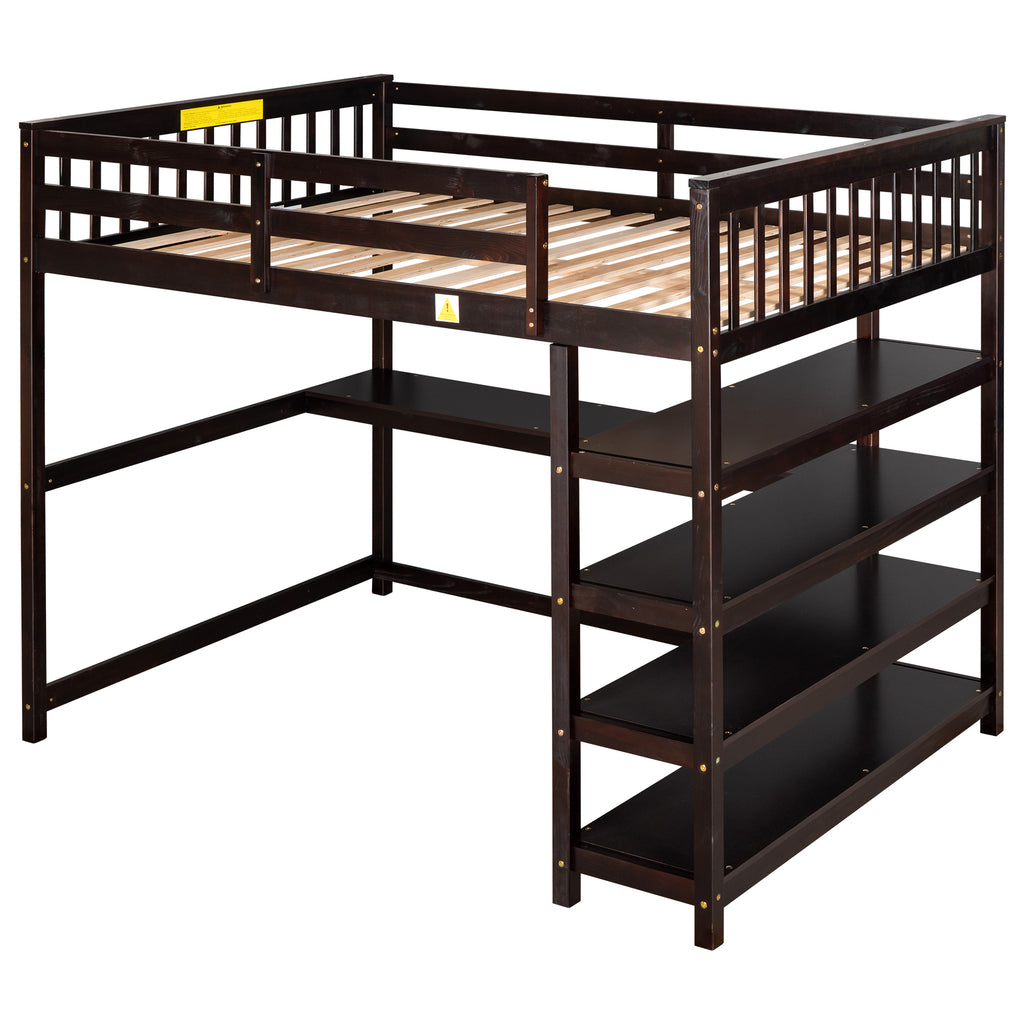 Espresso full loft bed with desk and storage shelves — front view