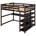 Espresso full loft bed with desk and storage shelves — front view