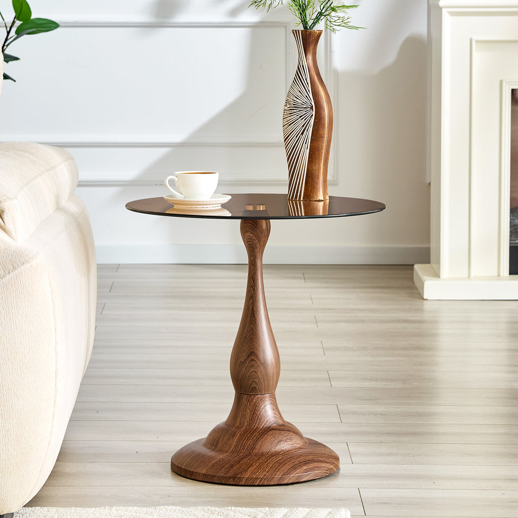 Modern round side table walnut metal base stable wide foot profile