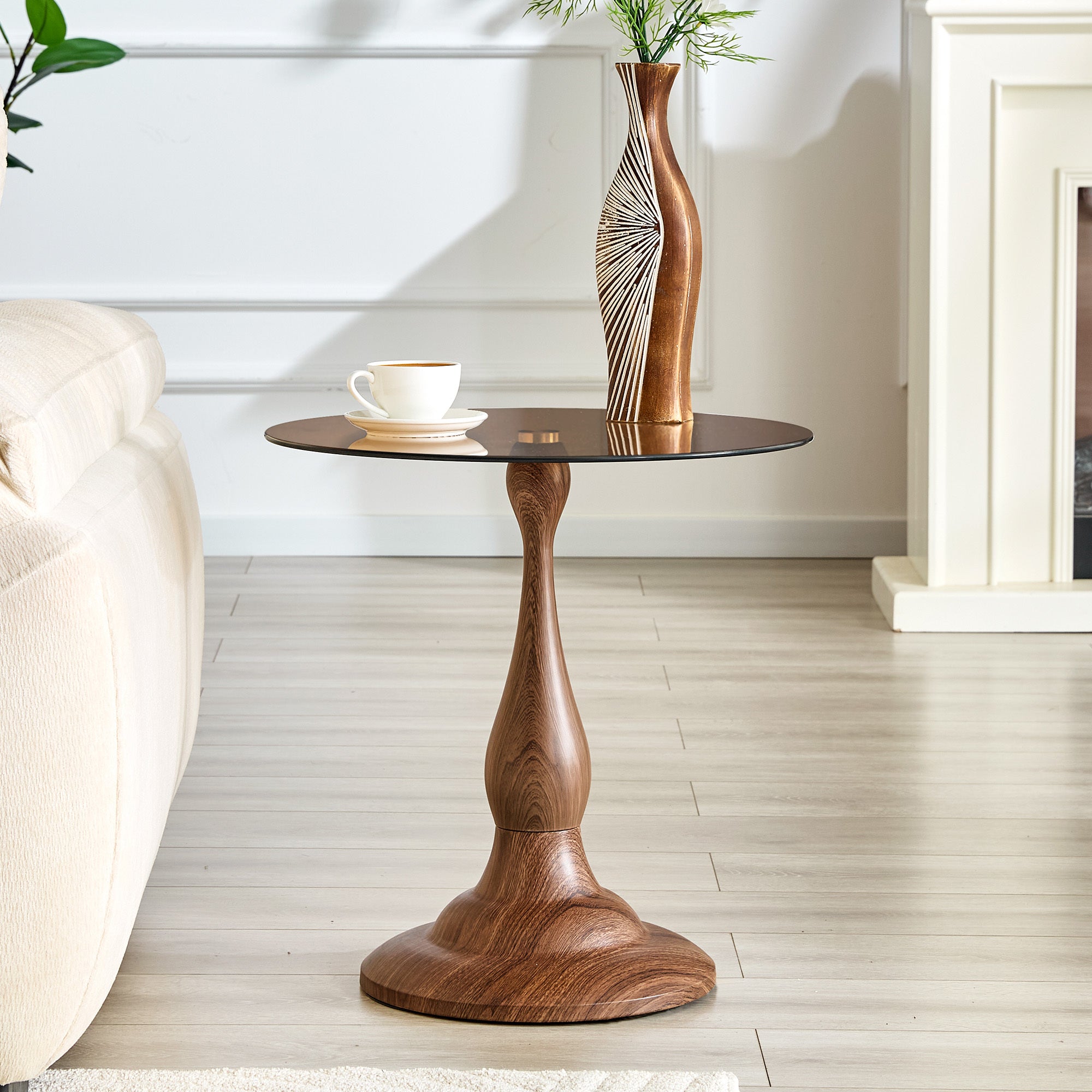 Modern round side table walnut metal base stable wide foot profile