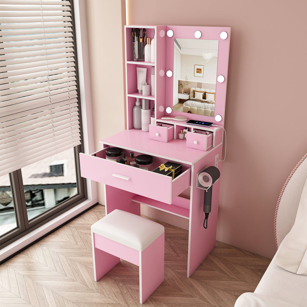 Vanity Table with Mirror, Adjustable LED Lights, Power Outlet, Hairdryer Holder & Stool – Compact Dressing Desk for Small Bedrooms