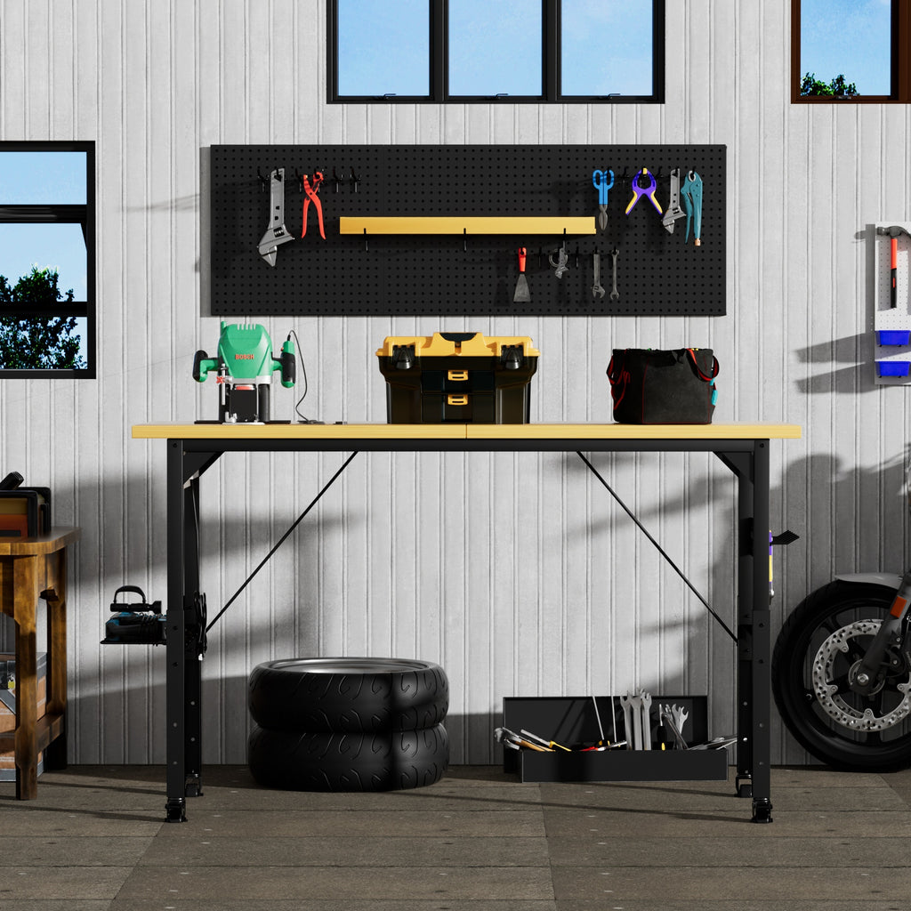 Adjustable height workbench with wooden desktop and steel legs