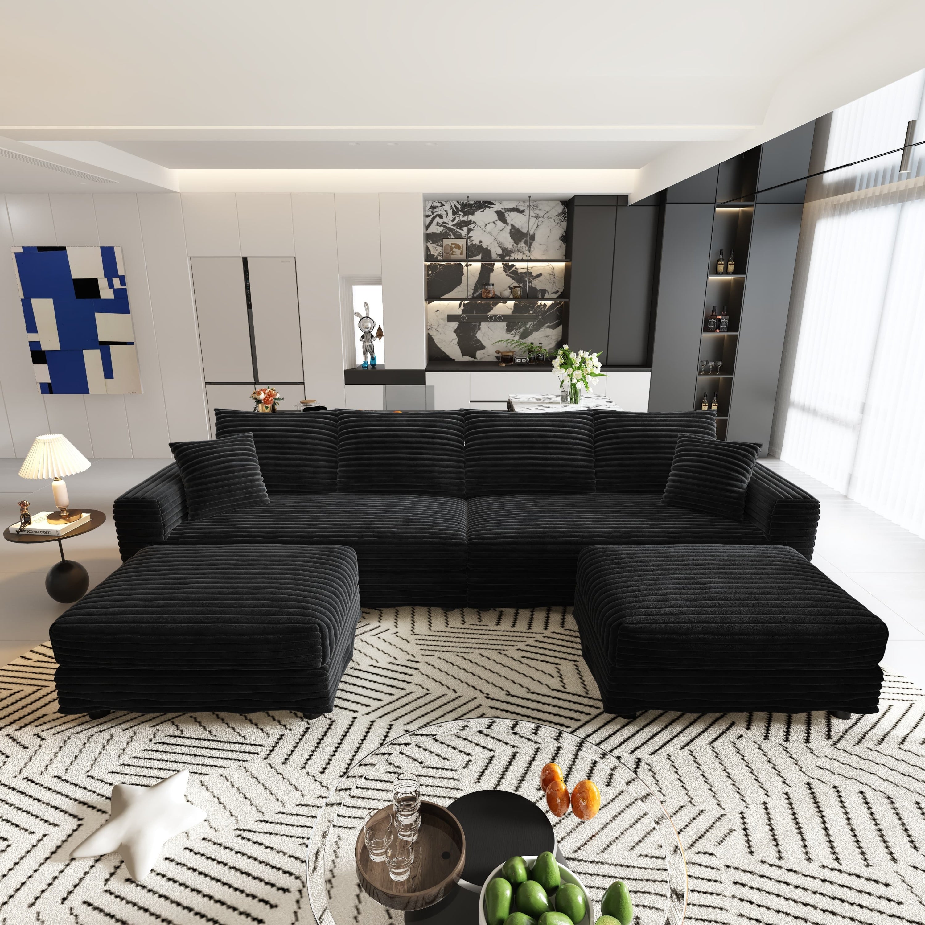 102.4 'Plush Corduroy 4-Seat Sofa,Modern Comfy Upholstered Sofa Cloud Couch,Deep Seat Couches with Soft Pillows and 3 Ottomans,Convertible Sofa Lounge Chair,Black(Old SKU:W1885S00287)
