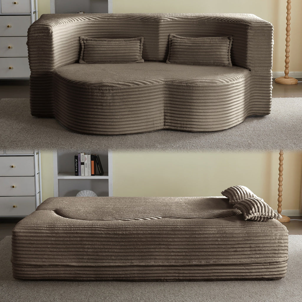 Modern Floor Sofa with 2 Pillows, Convertible Plush Corduroy Foam-Filled Sleeper Sofa Bed,15 ' Full Size Folding Mattress for Living Room, Guest Bed, no assembly required, Light Grey