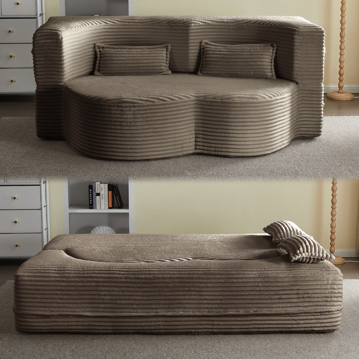 Modern Floor Sofa with 2 Pillows, Convertible Plush Corduroy Foam-Filled Sleeper Sofa Bed,15 ' Full Size Folding Mattress for Living Room, Guest Bed, no assembly required, Light Grey