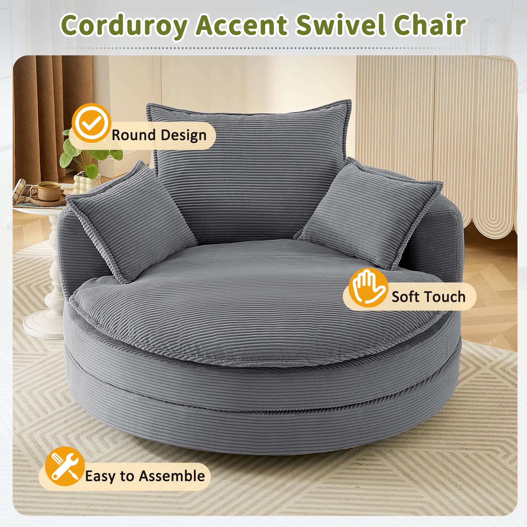 Corduroy swivel accent chair living room full view