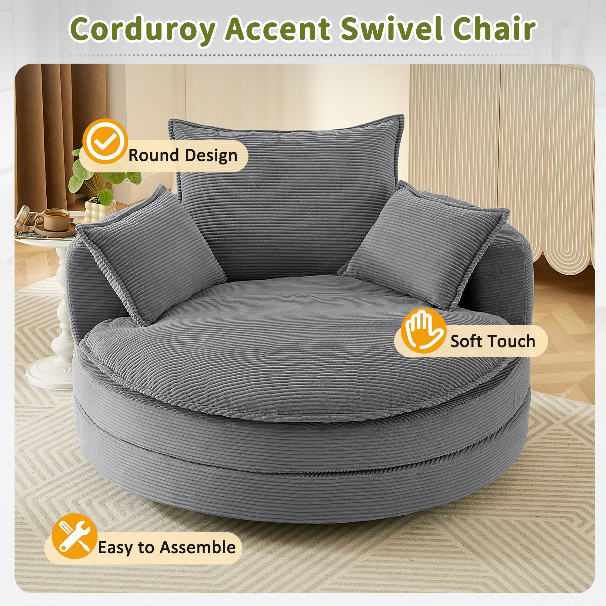 Blue Corduroy 360° Swivel Barrel Accent Chair with Dual-Layer Cushion & 3 Pillows