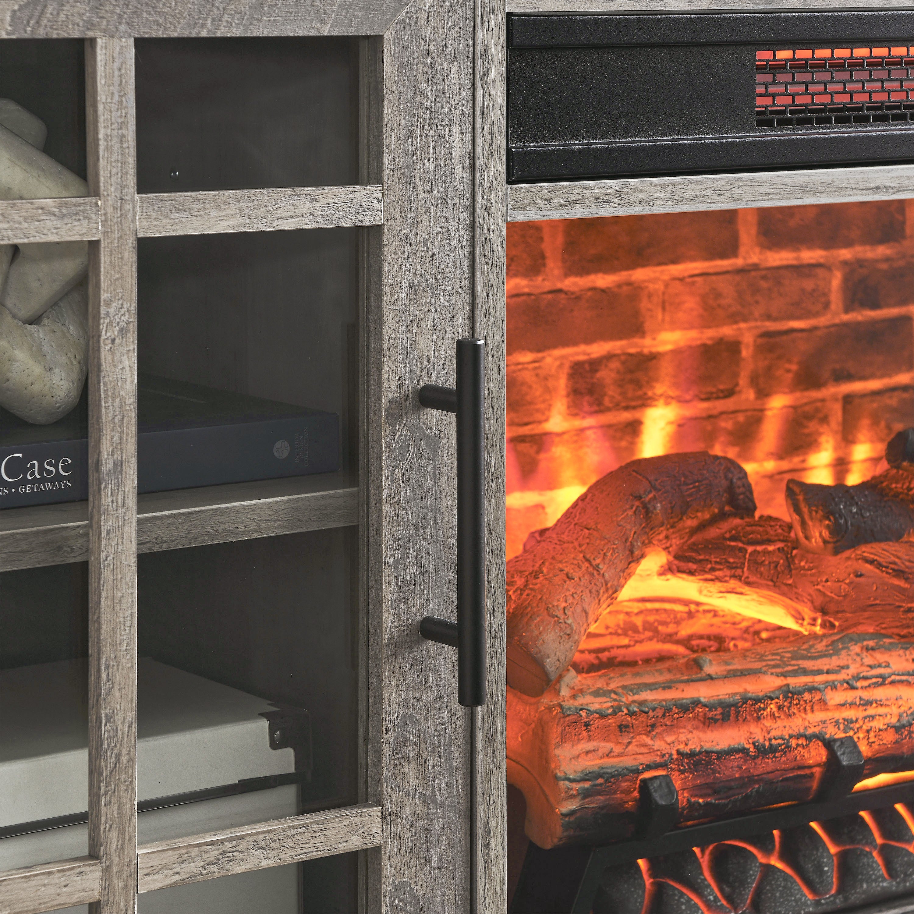 Gray wash TV cabinet with fireplace insert close-up