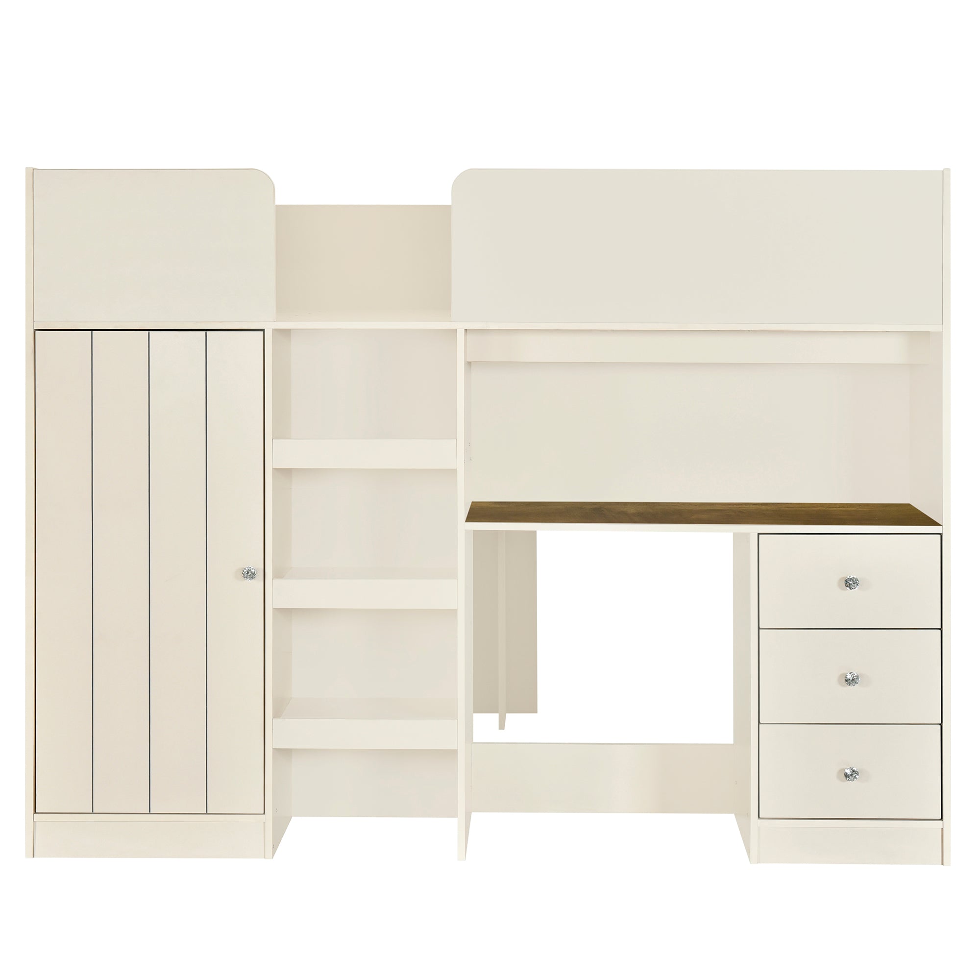Beige full size loft bed with wardrobe and desk — front view