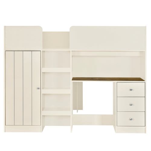 Beige full size loft bed with wardrobe and desk — front view
