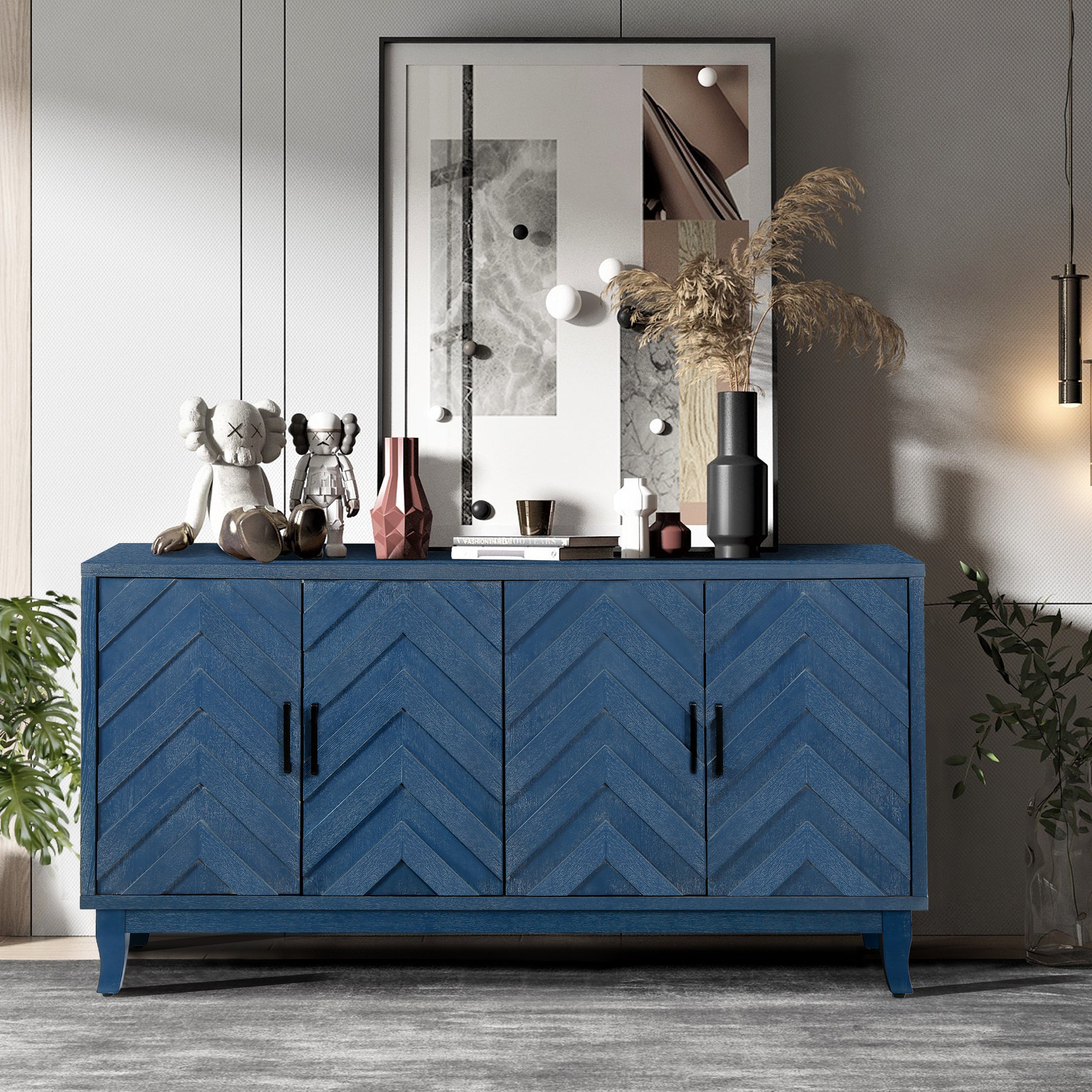 Retro vintage storage cabinet antique navy blue finish — angle view