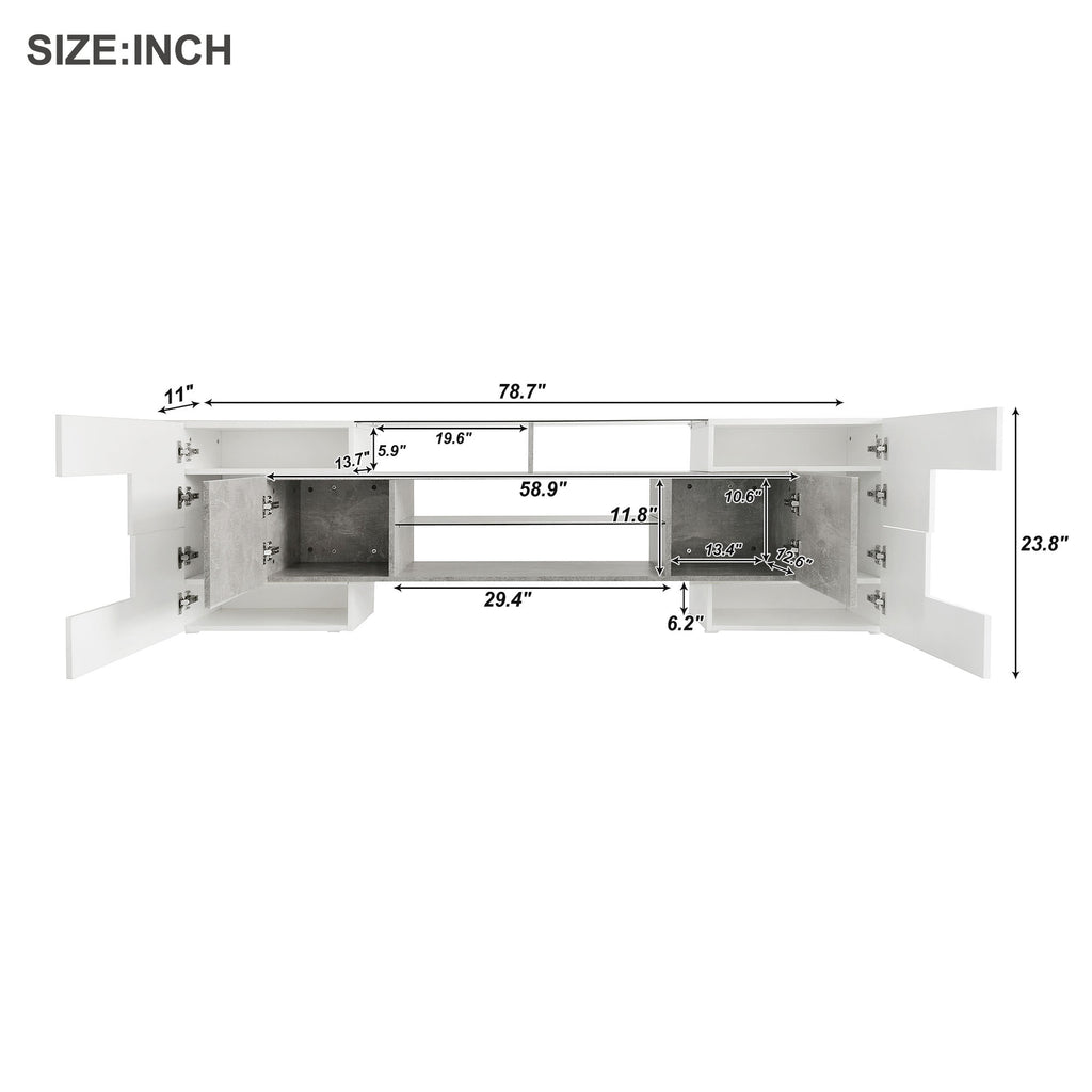 Grey media console with wooden and glass shelves