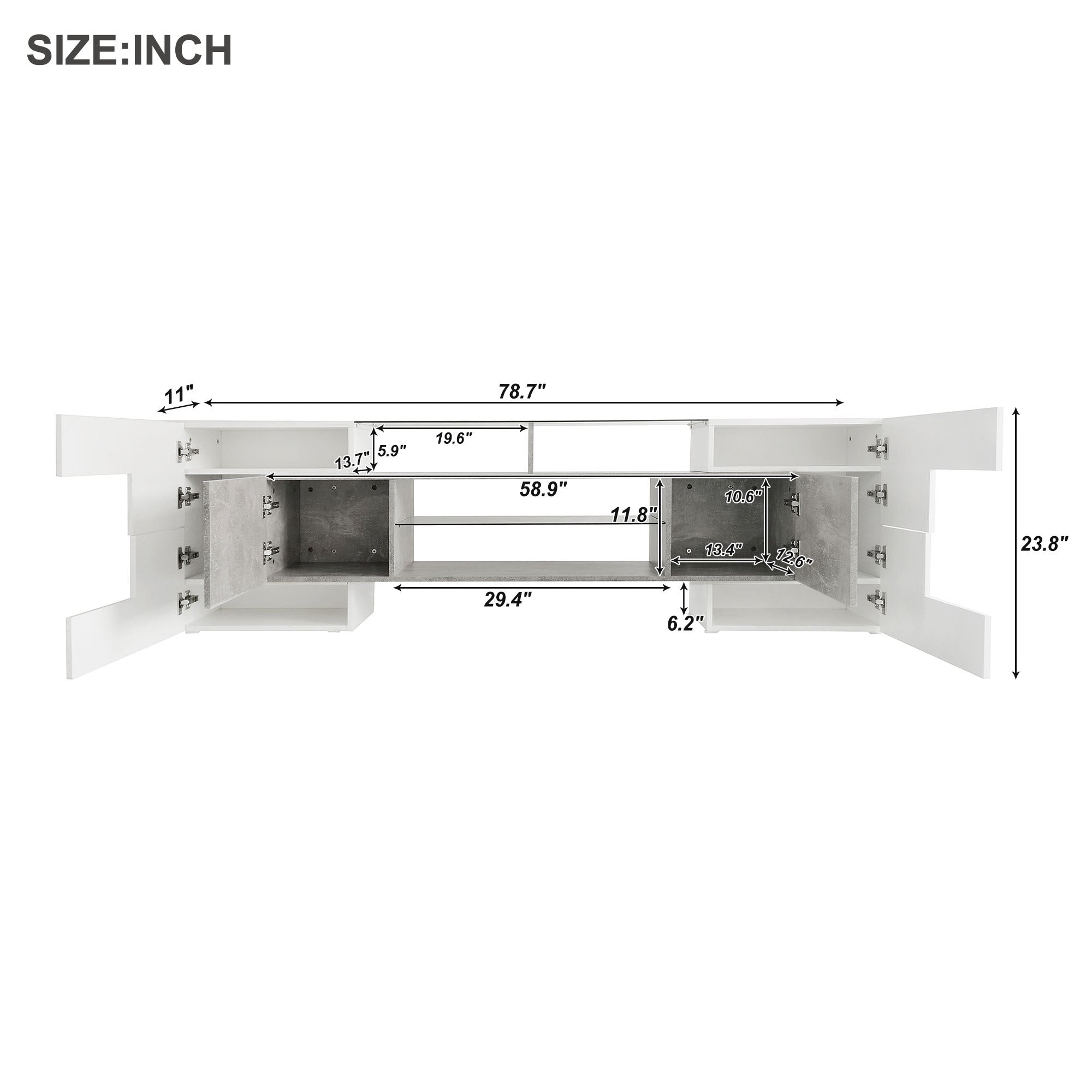 Grey media console with wooden and glass shelves
