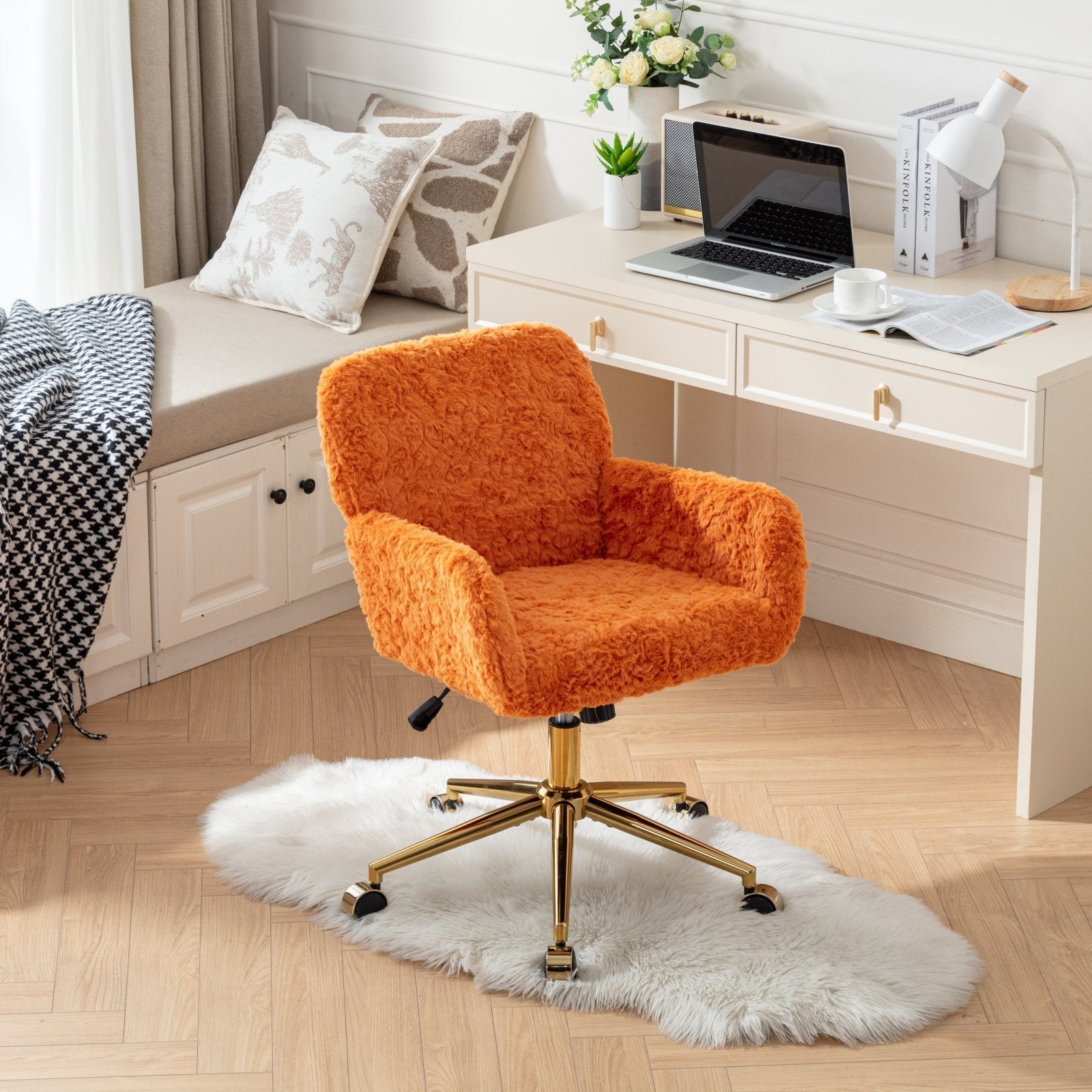Faux Fur Office Chair — 40° Reclining with Gold Metal Base & Wheels