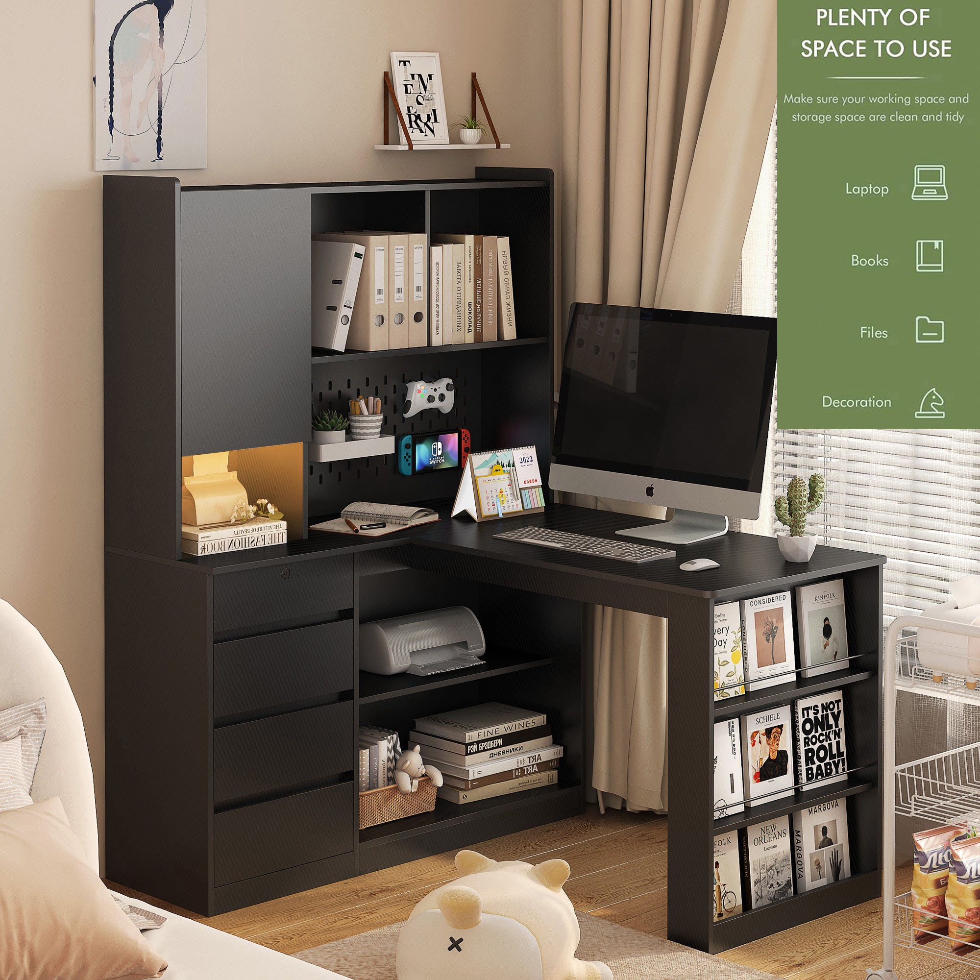 Black corner computer desk with drawers and storage cabinet
