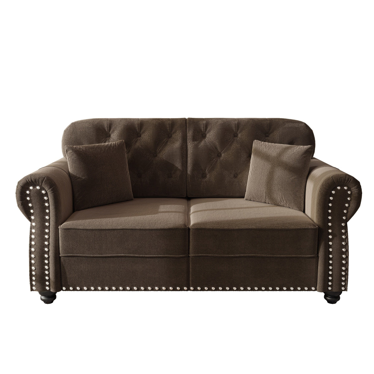 63'Upholstered Velvet Sofa with Nailhead Trim and Rolled Armrests,Mid-Century Modern Chesterfield Sofa with Button Tufted,Includes 2 Pillows,Beige/White