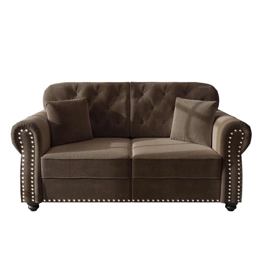63'Upholstered Velvet Sofa with Nailhead Trim and Rolled Armrests,Mid-Century Modern Chesterfield Sofa with Button Tufted,Includes 2 Pillows,Beige/White