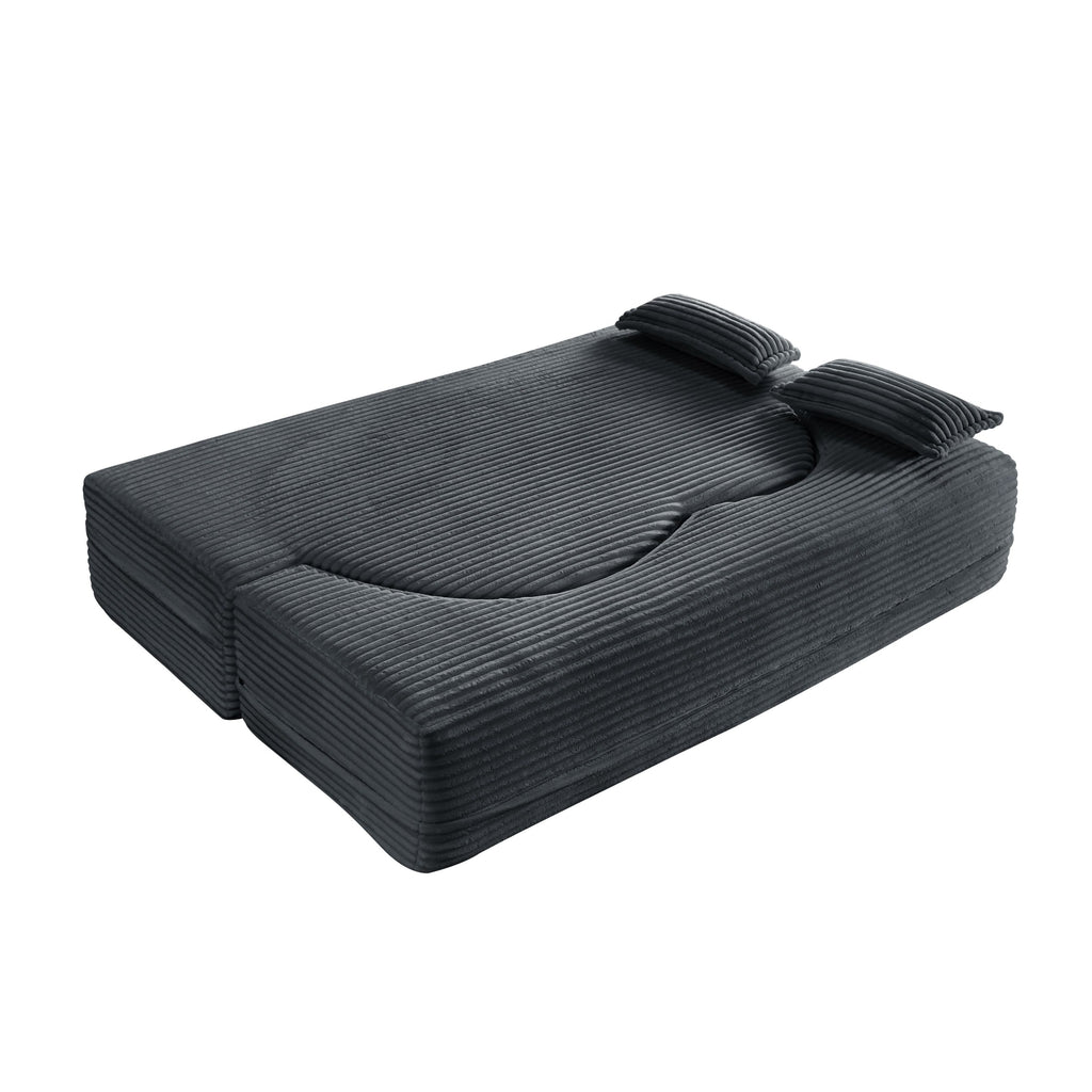 Modern Floor Sofa with 2 Pillows, Convertible Plush Corduroy Foam-Filled Sleeper Sofa Bed,15 ' Full Size Folding Mattress for Living Room, Guest Bed, no assembly required, Light Grey