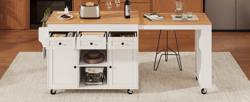 K&K 85.5' Kitchen Island with Extendable Dining Table, Kitchen Storage Table with 3 Side Open Shelves, Rolling Kitchen Island with Power Outlet, 3 Drawers, 2 Doors, for Kitchen, Dining Room, Black