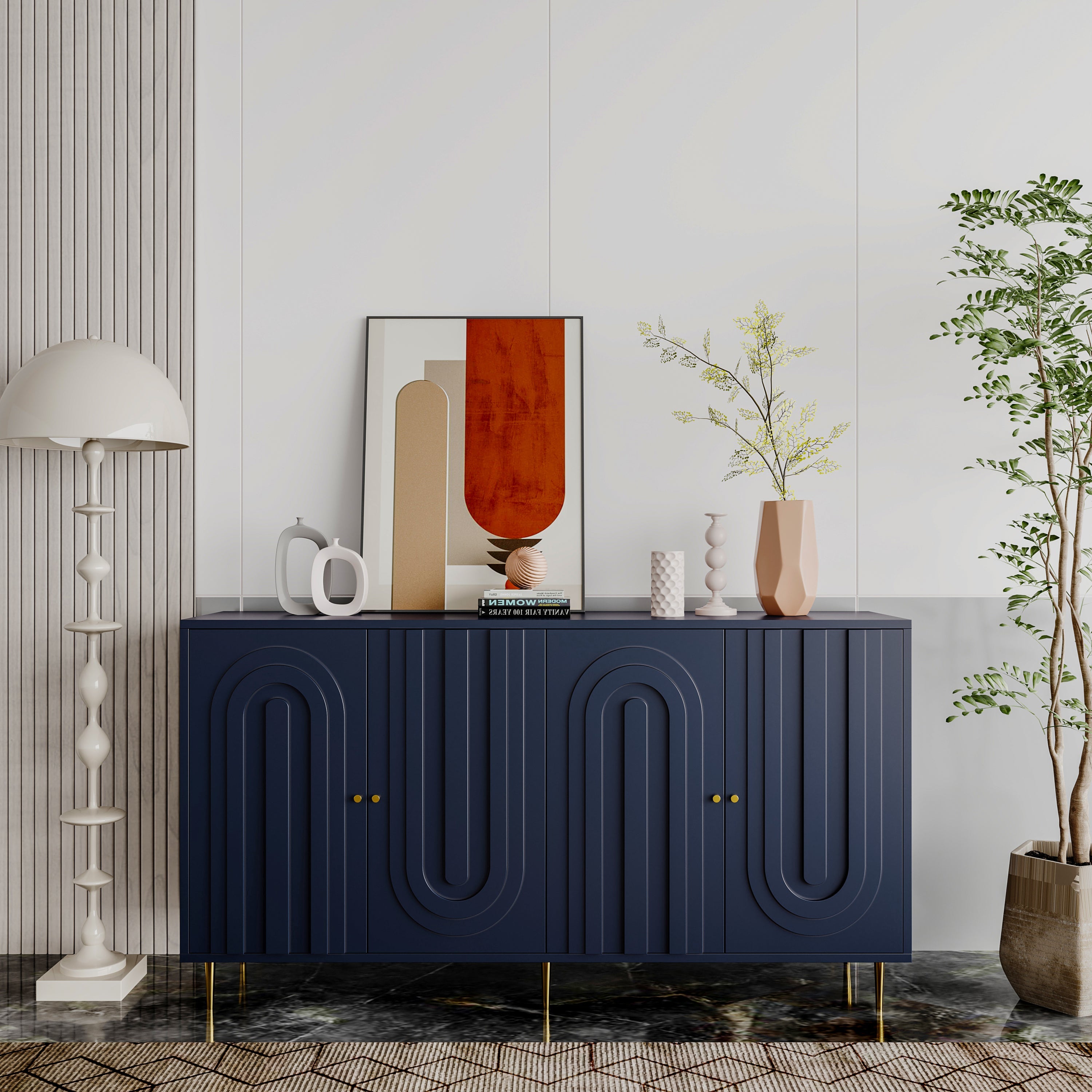 60" 4-Door Lacquered Sideboard — Gold Metal Legs & Knobs
