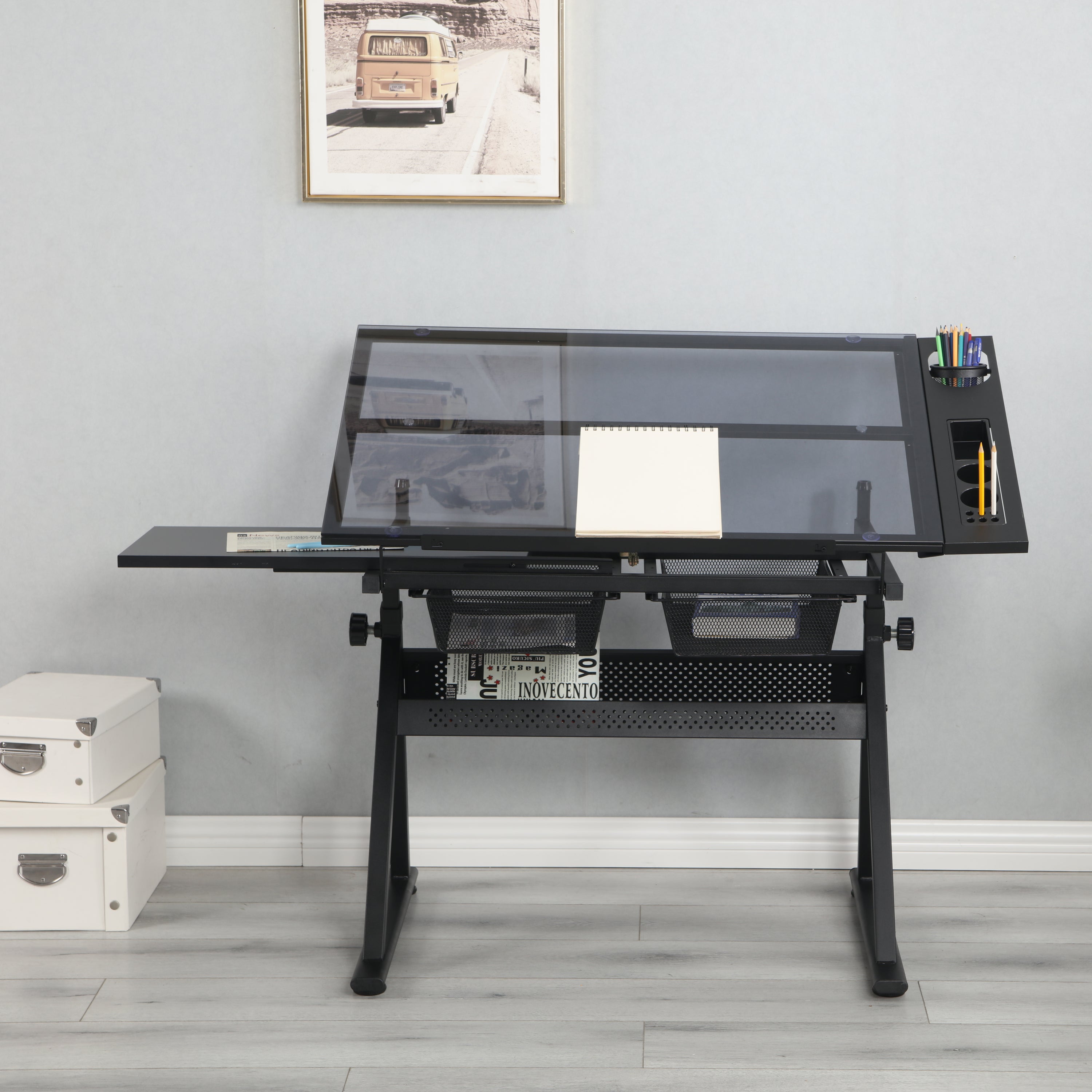 Adjustable Glass Drafting Table with Metal Drawers & Stool