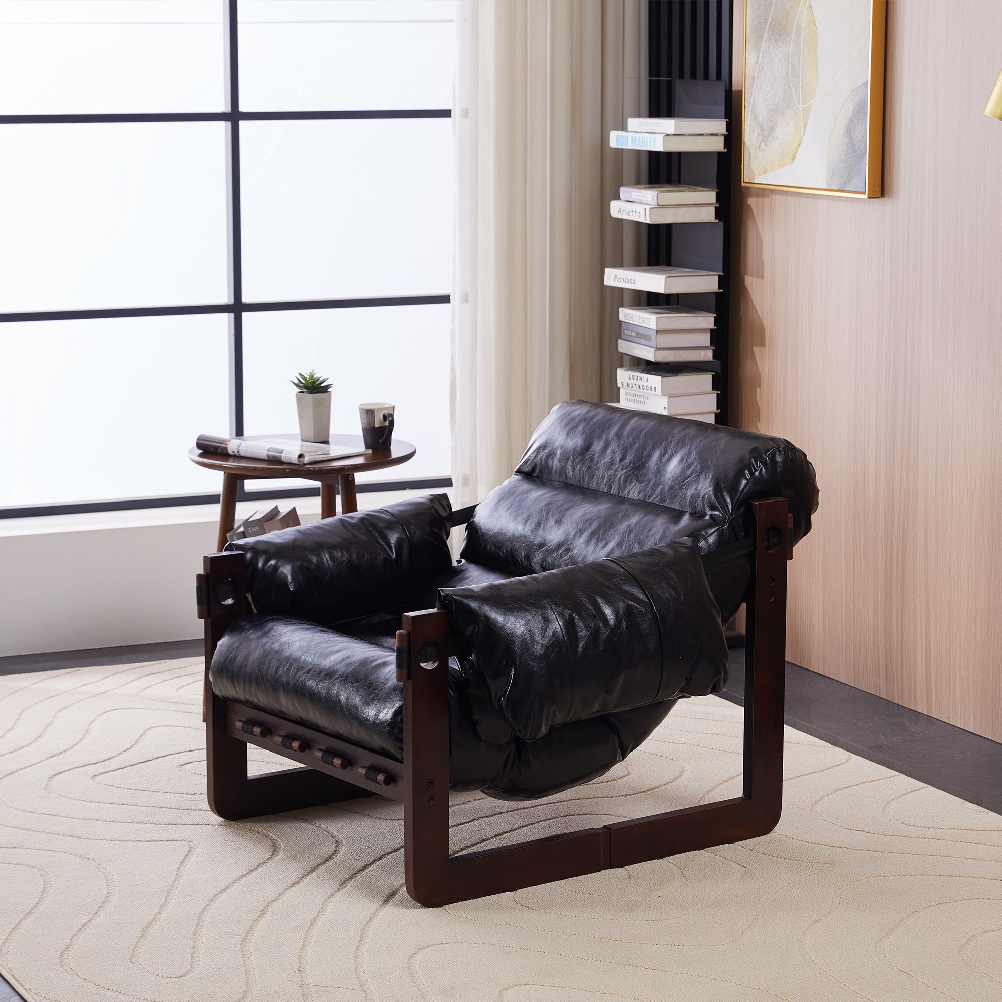 Antique black oil wax leather lounge chair — front view