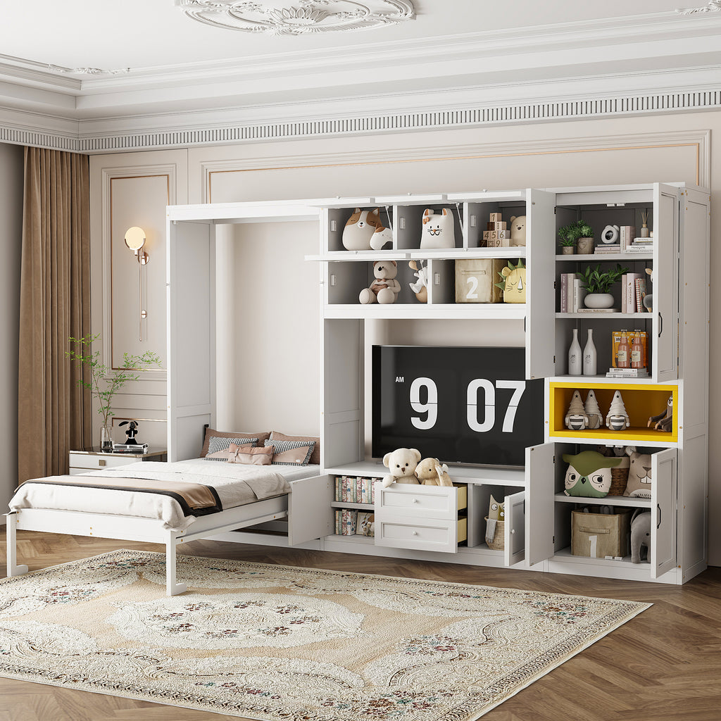 Fold-up wall bed with integrated TV stand and storage