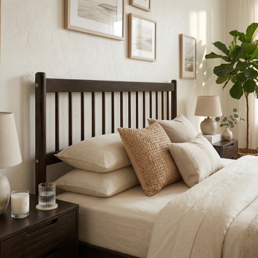 Traditional Style Queen Size Bed with Headboard and Footboard, Pinewood Bed with Strengthened Bed Frame ,Walnut